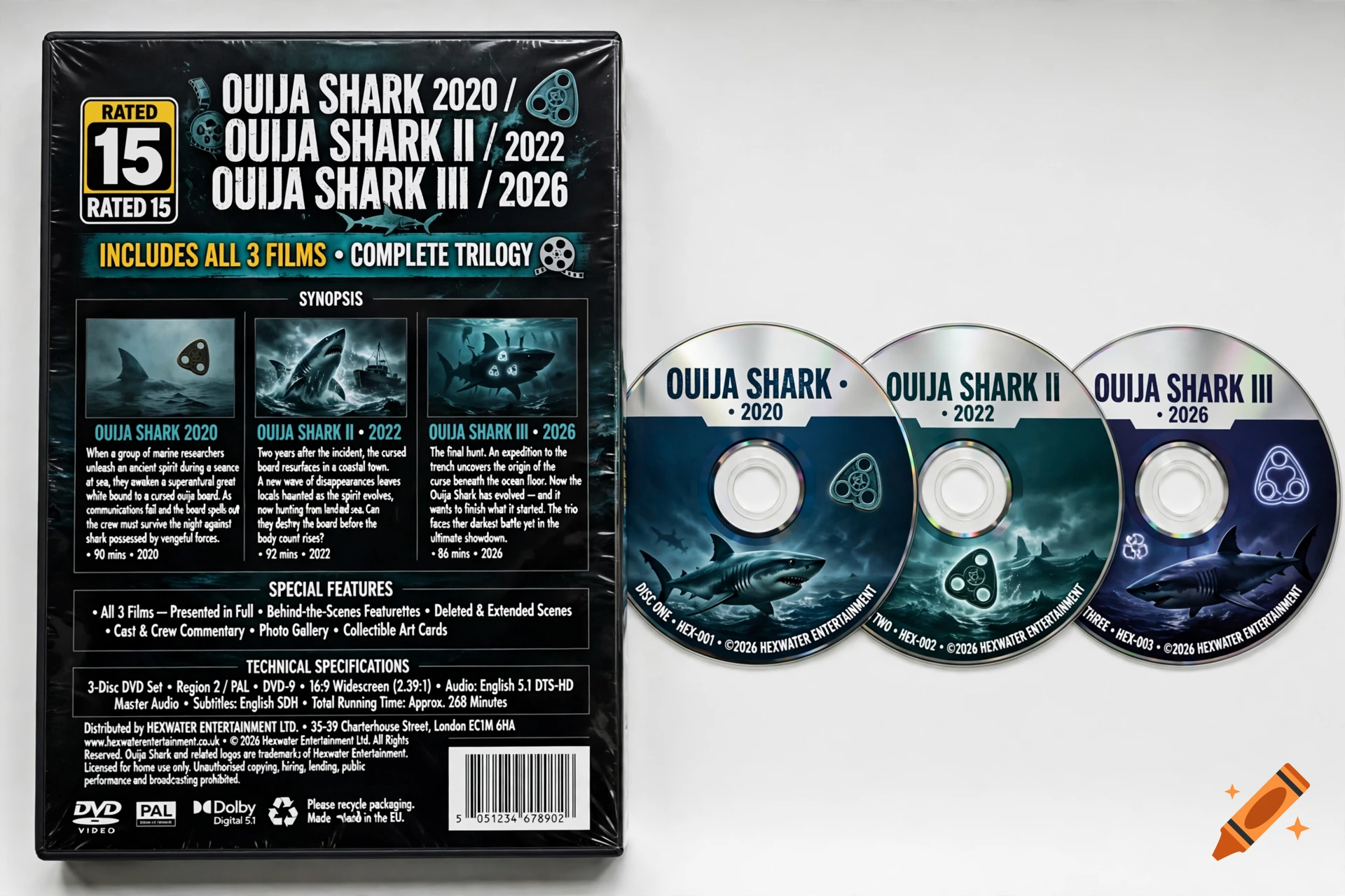 A DVD box set for the Ouija Shark trilogy, including the back cover and three matching discs with shark artwork against a white background.