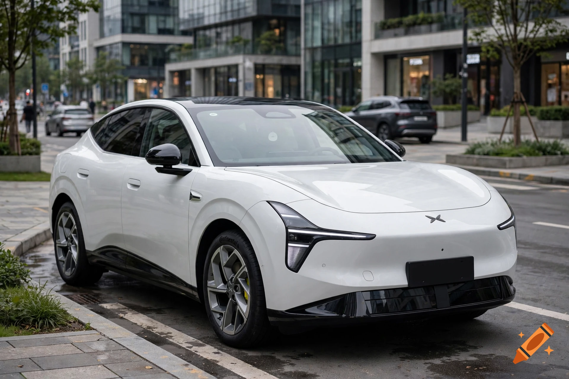 Photorealistic white electric SUV parked on a city street.