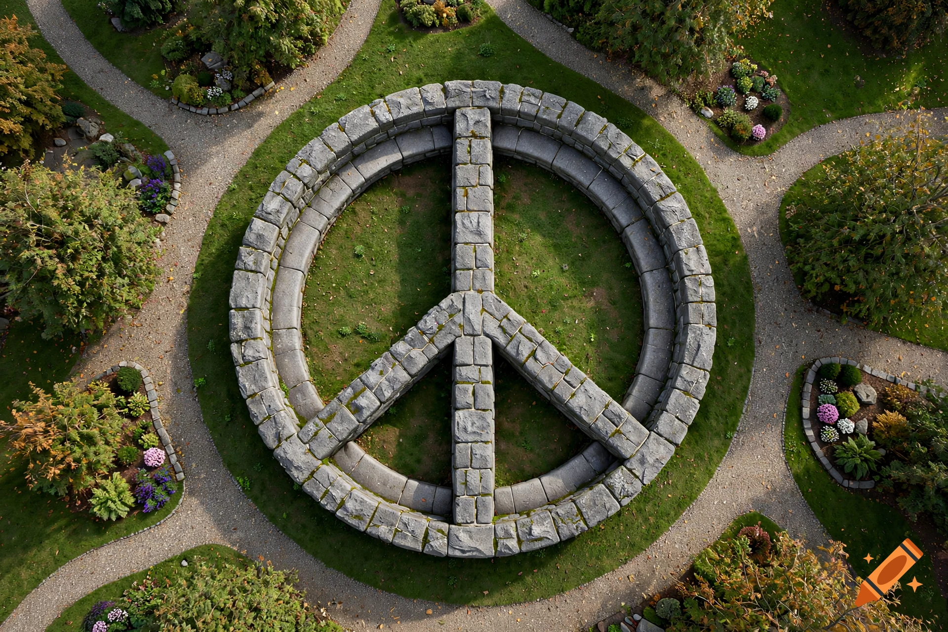 Aerial view of a stone peace sign bench surrounded by green grass and walking paths in a park.
