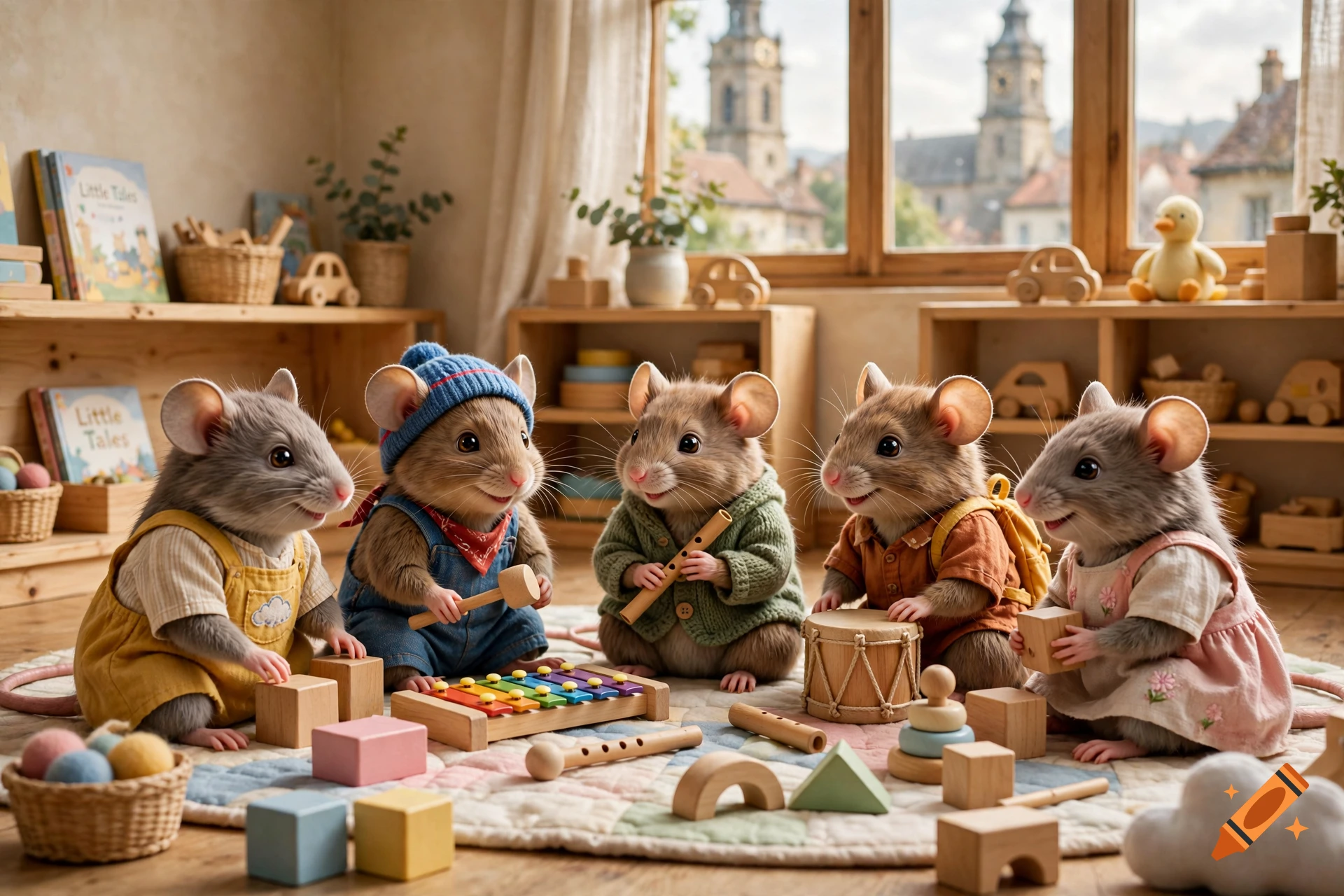 Child-friendly anthropomorphic mice playing with toys and musical instruments in a cozy playroom with a church tower view through the window.