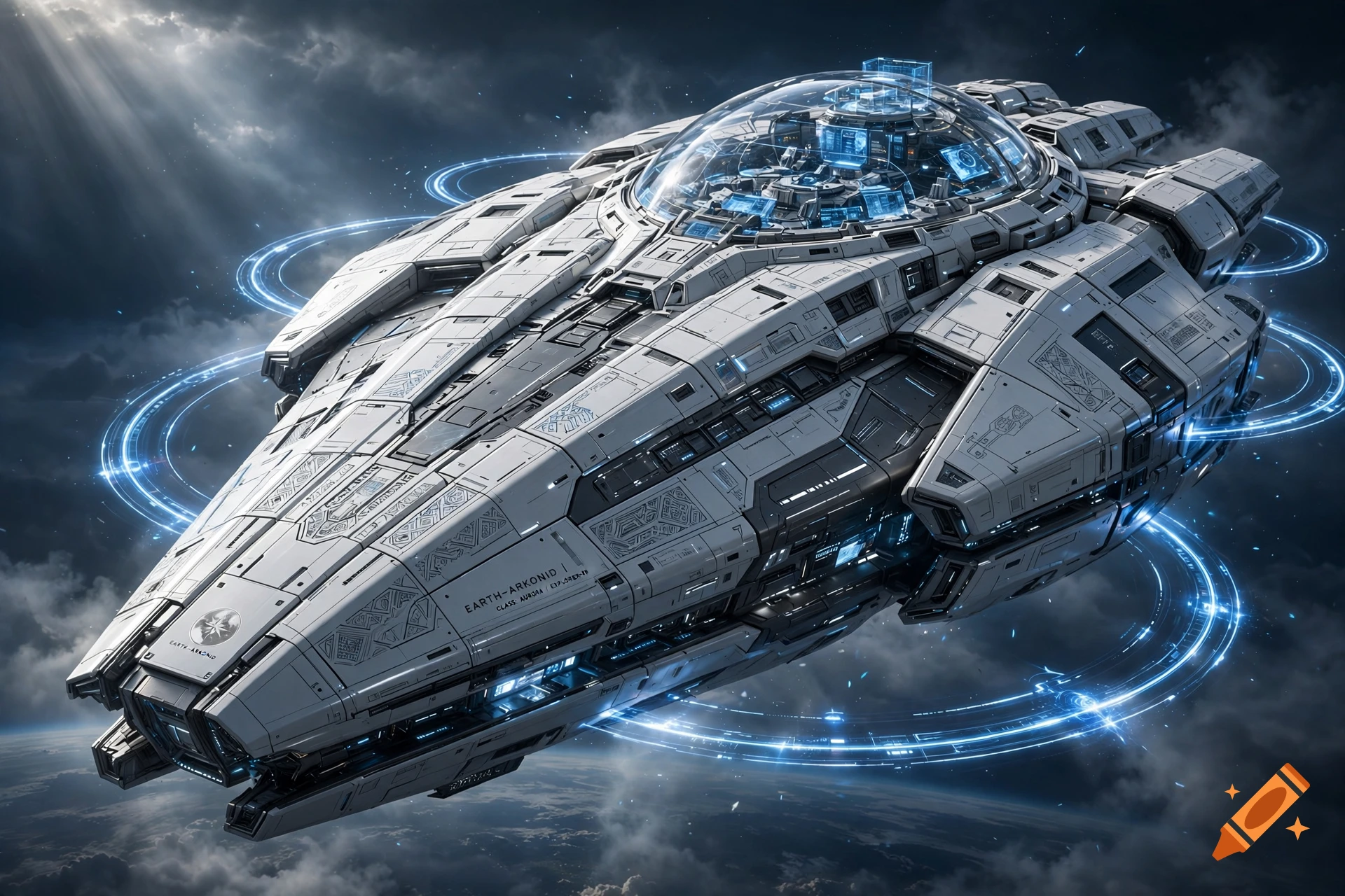 Detailed modern white and silver Arkonid spacecraft with blue anti-gravity rings, flying above a planet in a cloudy sky, realistic concept art.