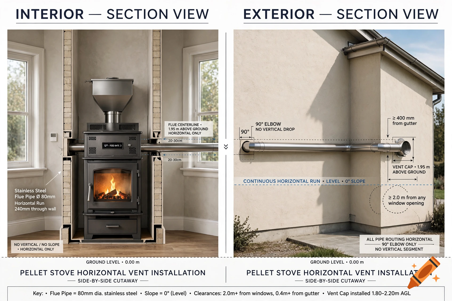 Side-by-side cutaway illustration showing interior and exterior views of a pellet stove horizontal vent installation.