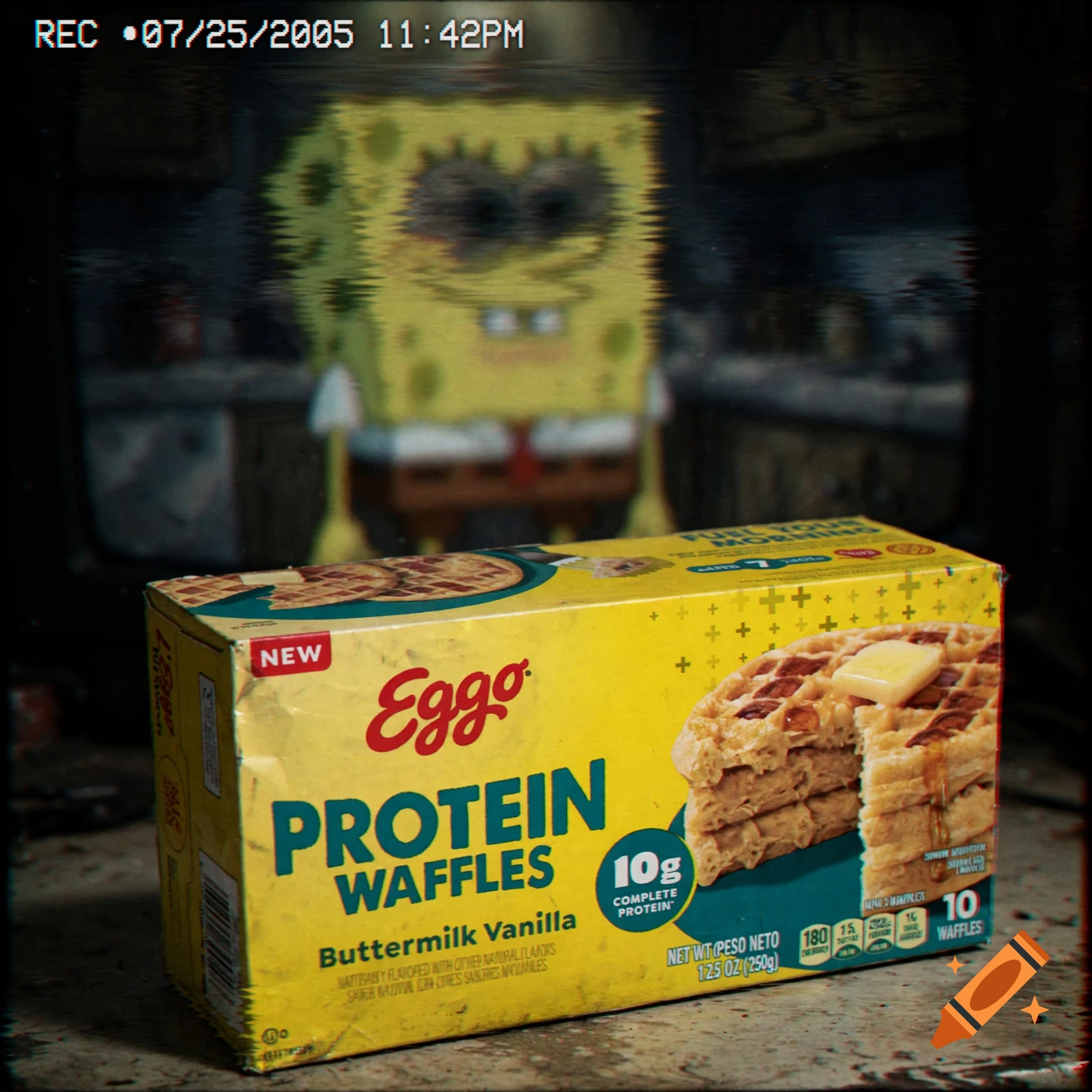 Analog horror style image of a box of Eggo protein waffles with a blurry, creepy SpongeBob in the background on a TV screen.