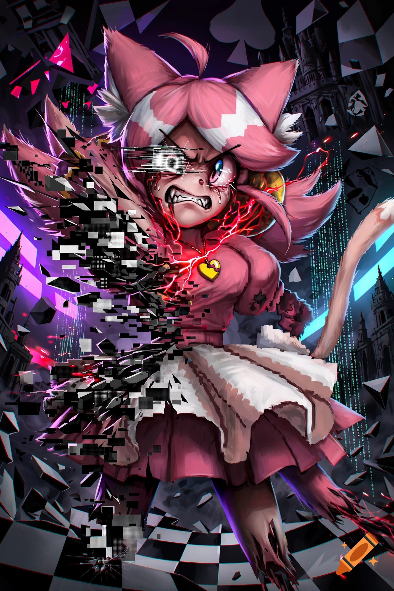 Digital illustration of a pink cat-like anime character corrupted by glitch artifacts in a dark, surreal setting.