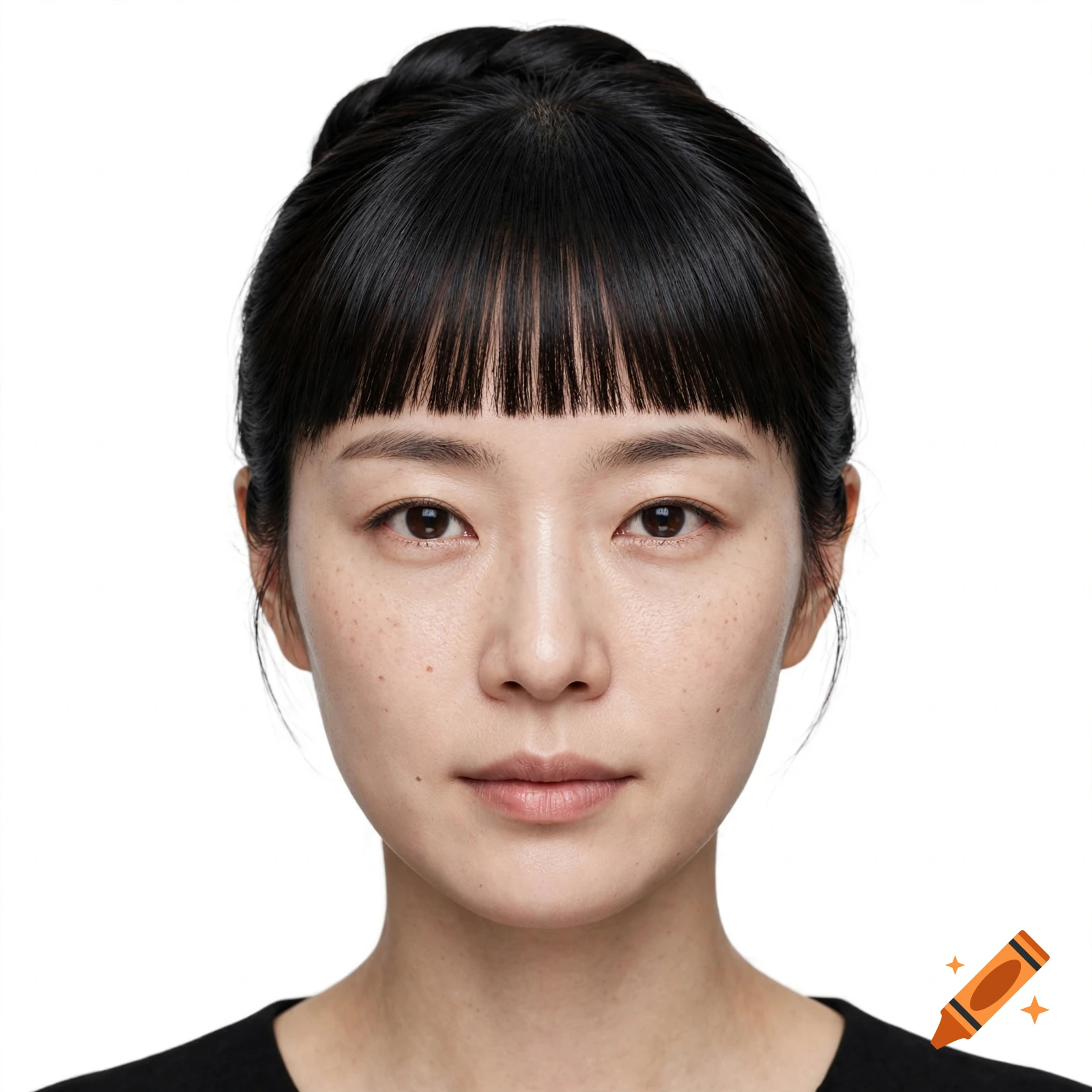 Photorealistic front portrait of a Korean woman with black hair, bangs, and freckles against a white background.