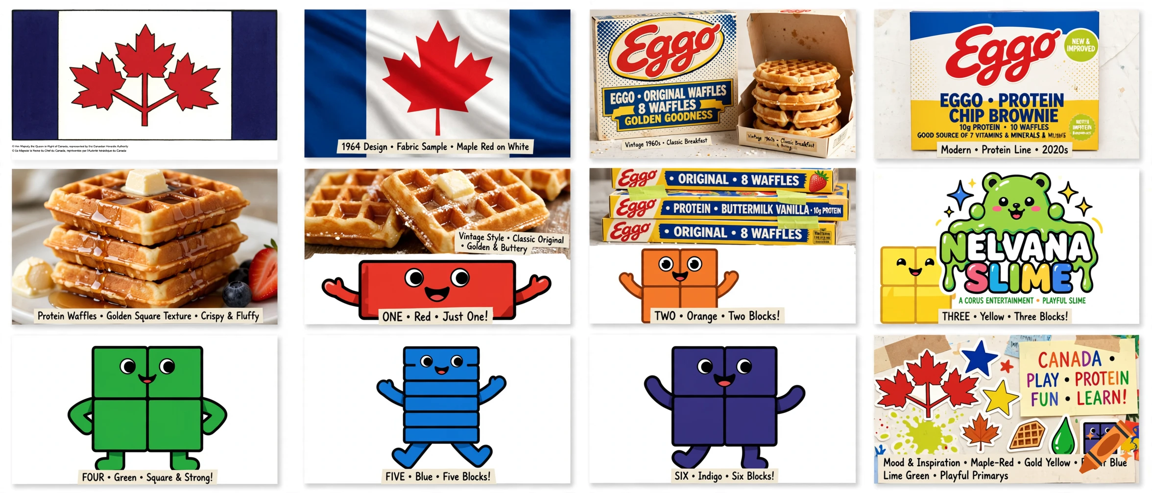 A 16-panel collage featuring Canadian flags, Eggo waffle boxes, waffles, and Numberblocks cartoon characters.