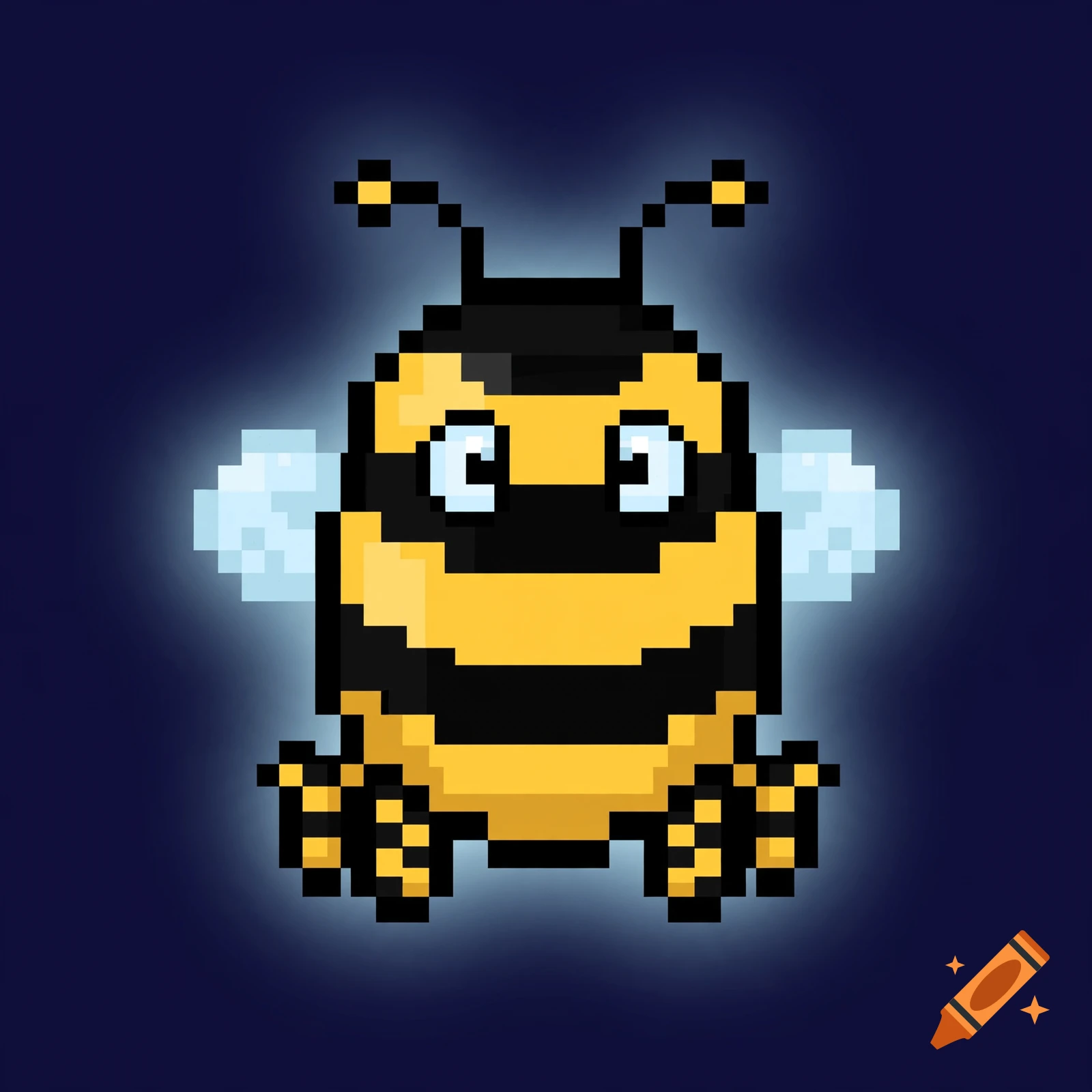 Pixel art character sprite of a cute bee on a dark blue background