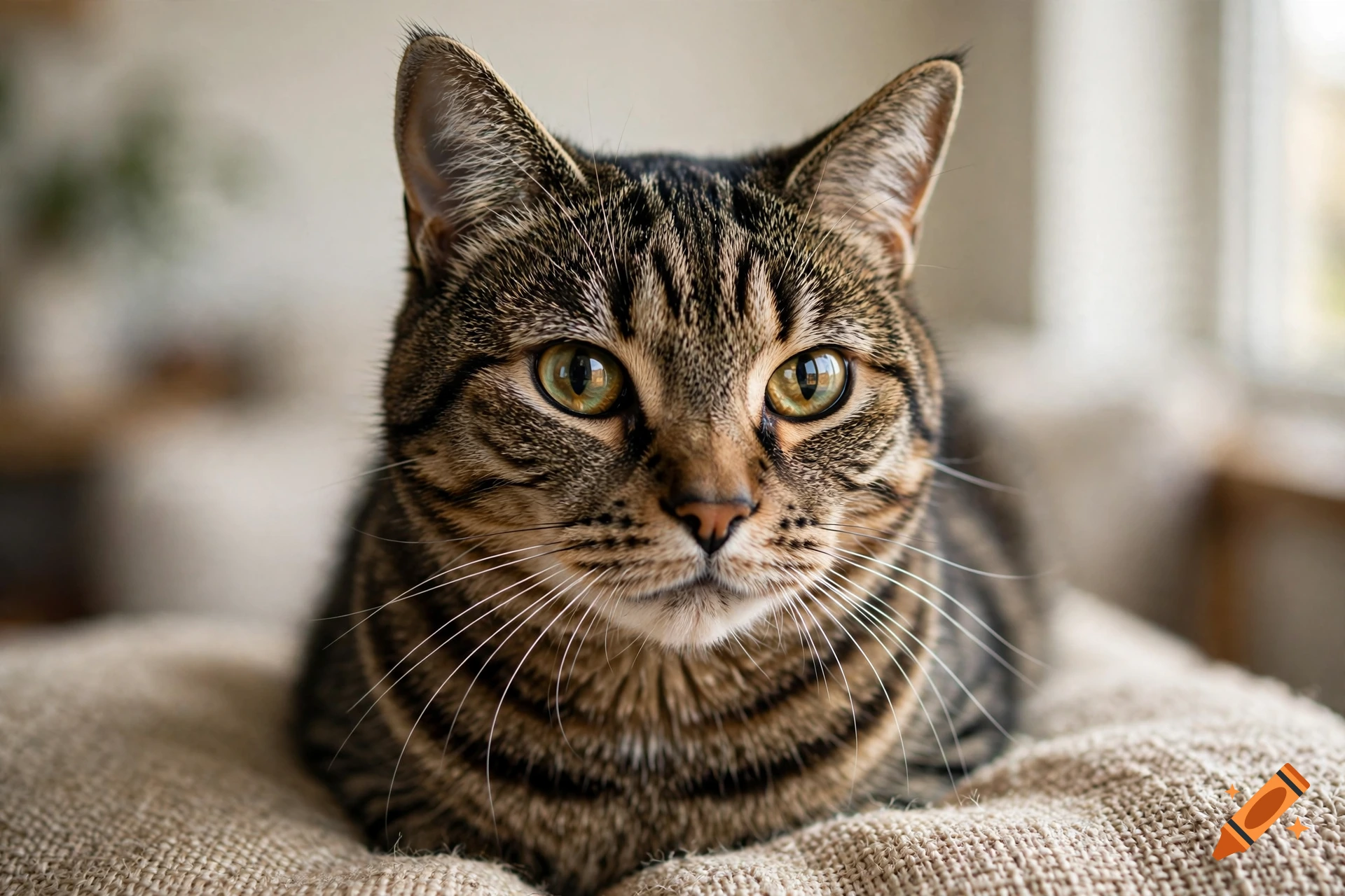 Close-up photorealistic portrait of a tabby cat resting on a textured blanket indoors.