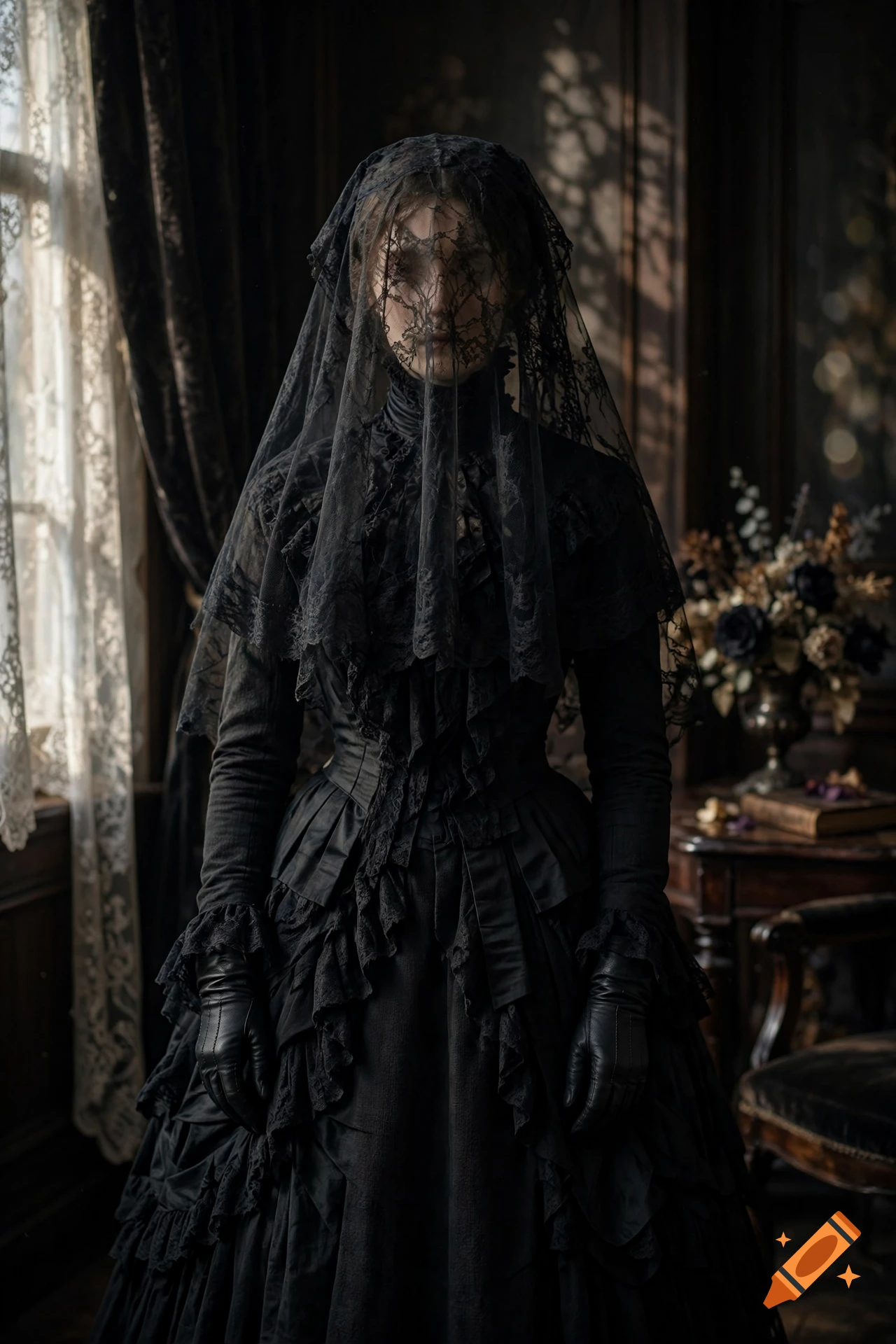 Photorealistic portrait of a Victorian woman in deep mourning, fully veiled in black lace and wearing black leather gloves.