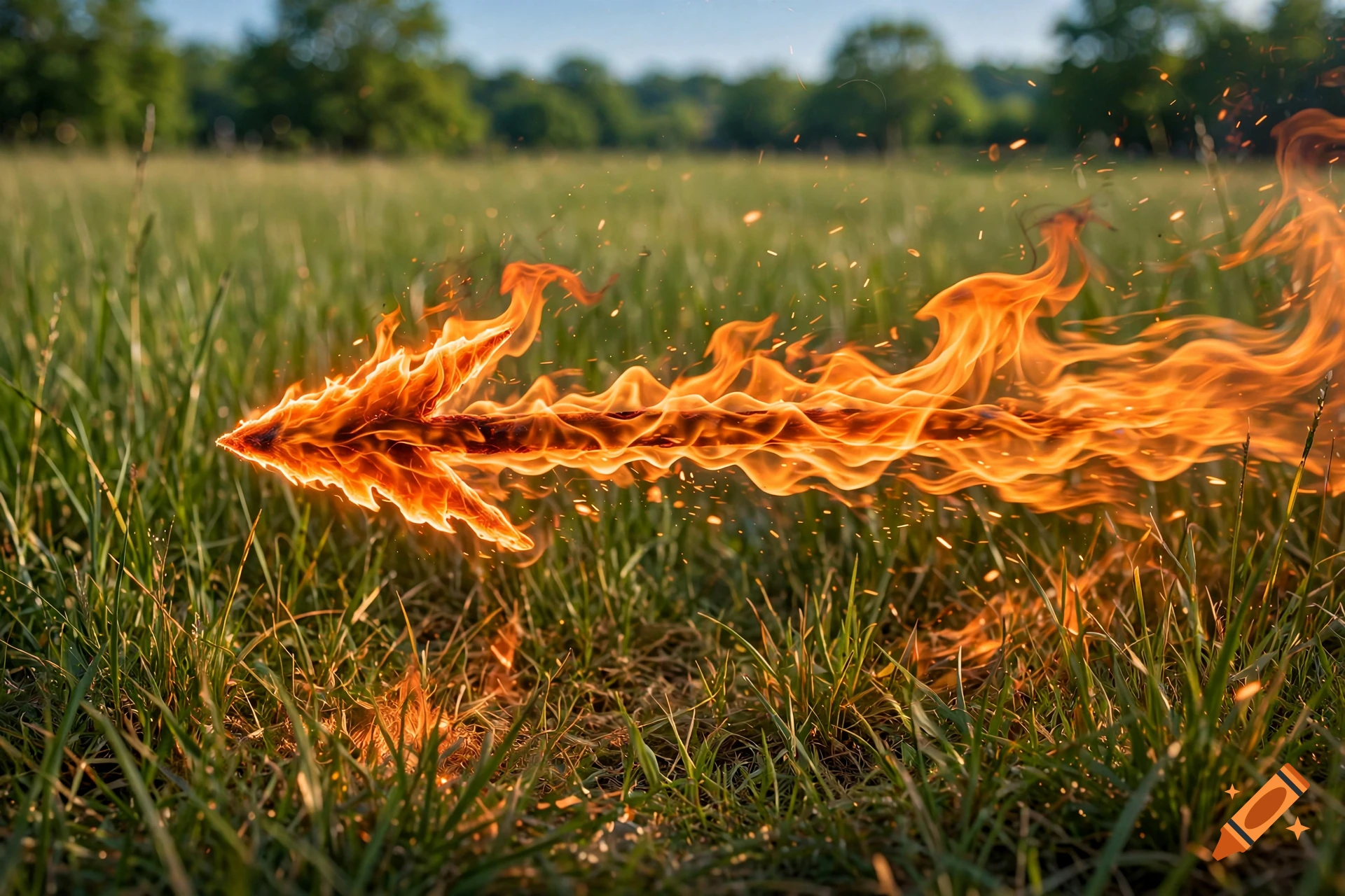 Photorealistic image of a flaming arrow flying across a green grassy field.