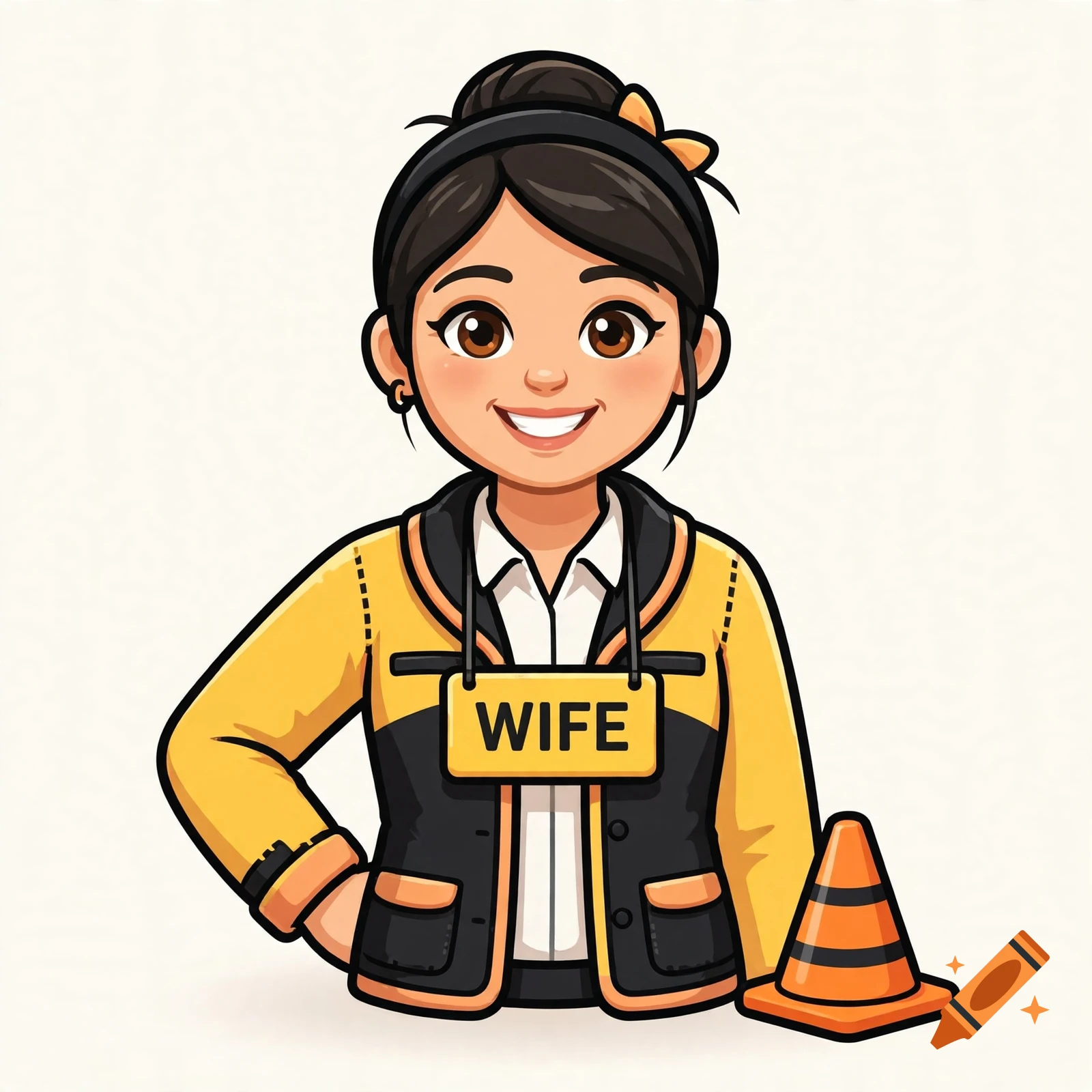 An emoji-style illustration of a smiling woman with a yellow and black jacket and a yellow sign reading WIFE, next to a construction cone.