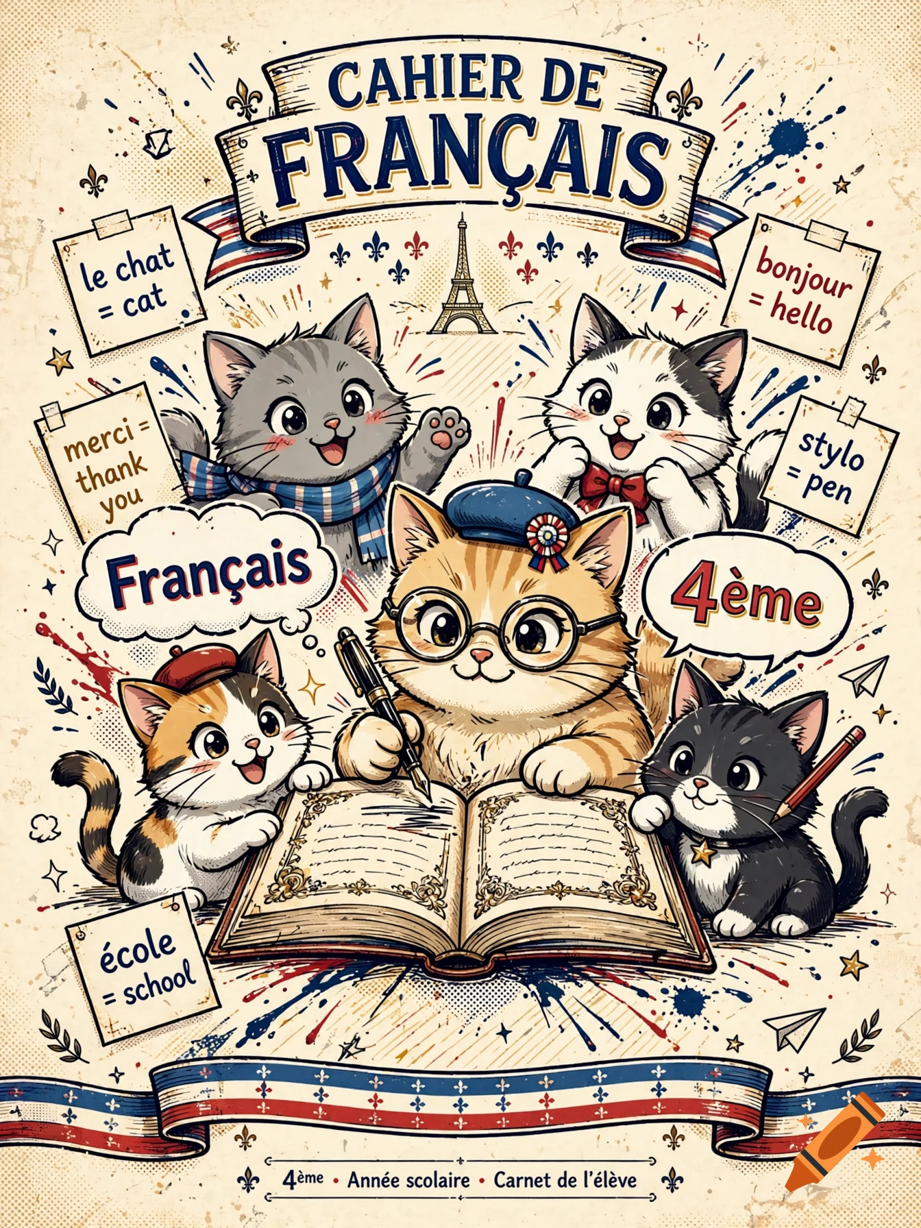 Manga-style French notebook cover illustration featuring cute cats, an open book, and the Eiffel Tower in vintage poster style.