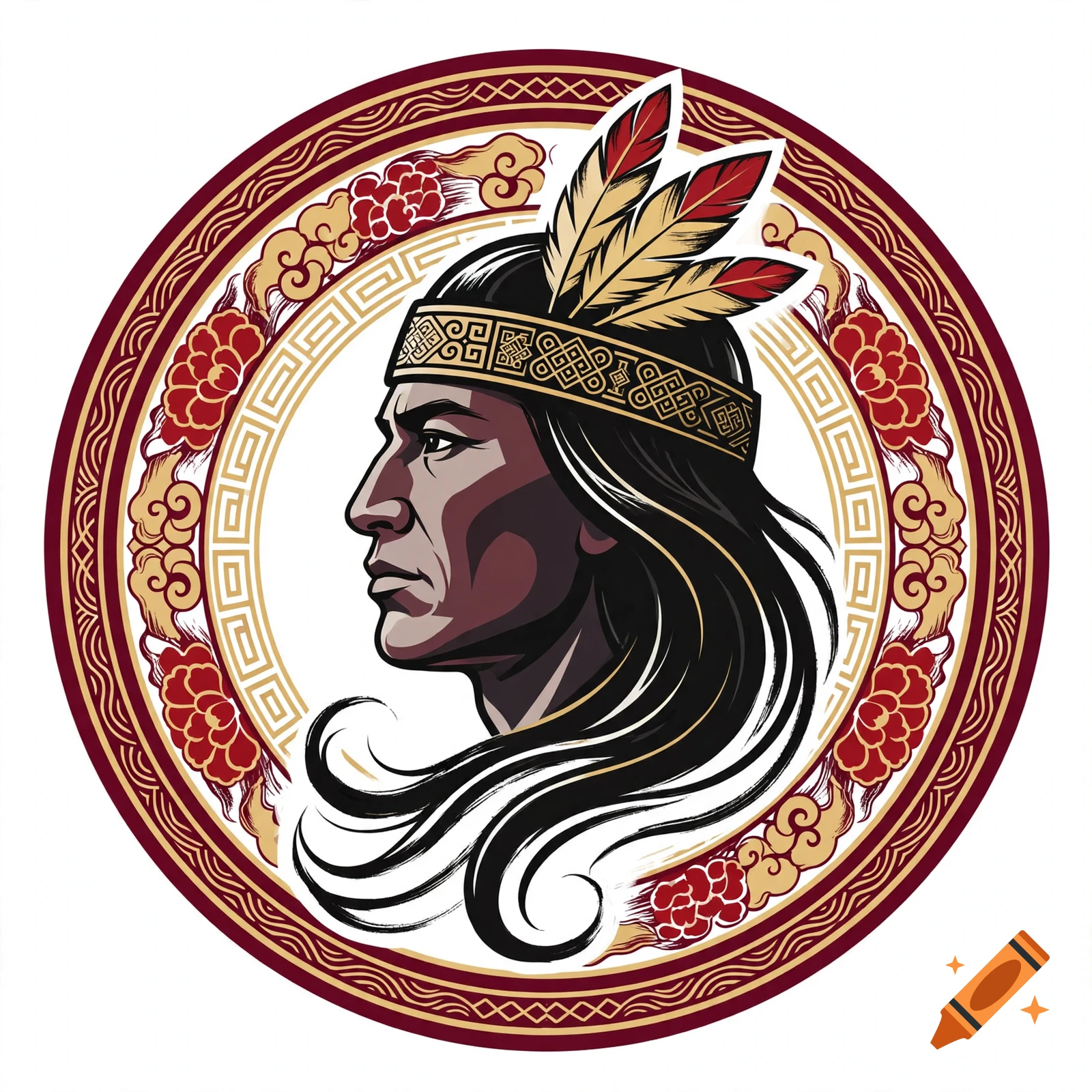 A stylized circular logo featuring the profile of a man with long black hair, a patterned headband, and feathered headdress.