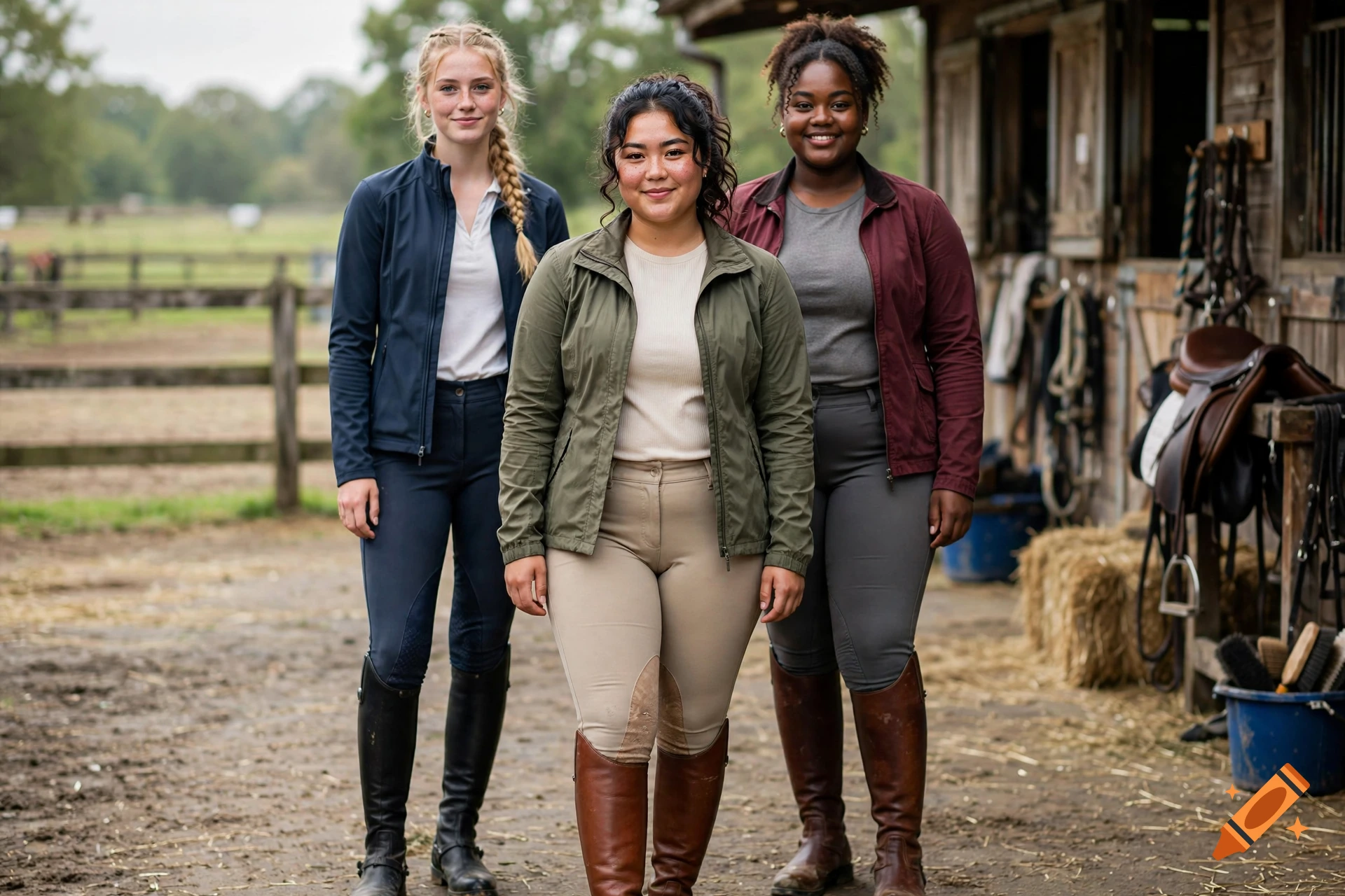 Photorealistic full-body shot of three young women in their twenties wearing riding clothes and tall boots in a stable yard.