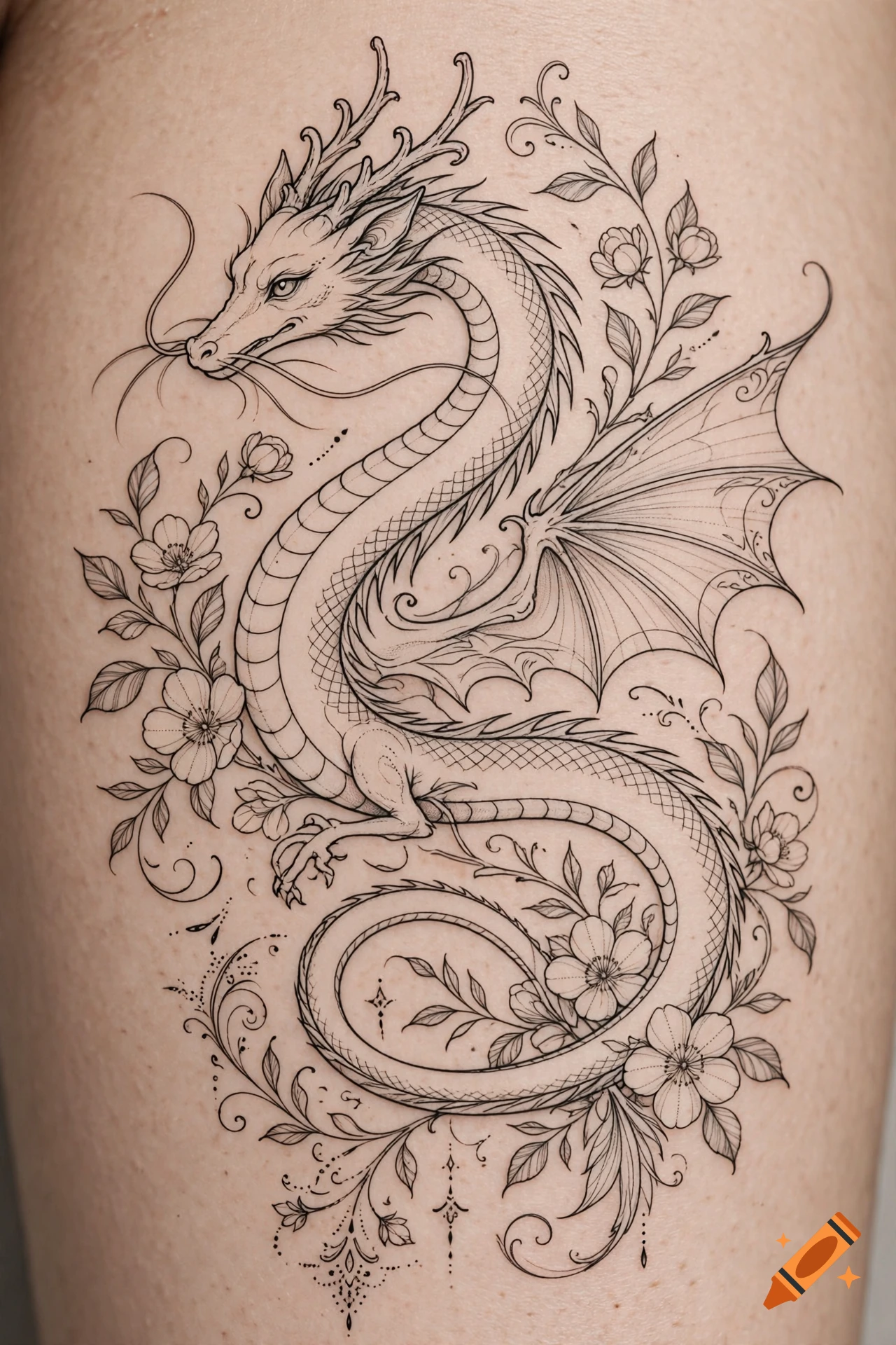 Fine line tattoo of an ornate Asian dragon surrounded by floral vines on skin.