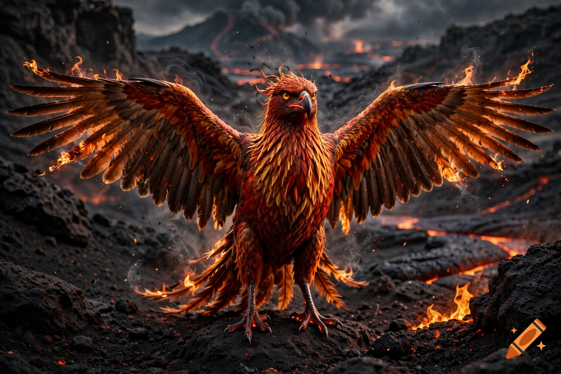 A majestic fire phoenix with glowing orange wings standing on a dark volcanic rock landscape.