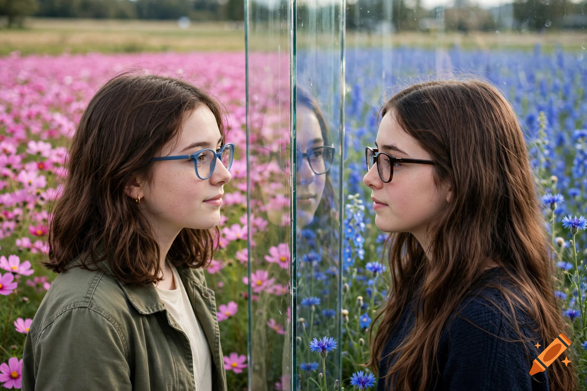 Photorealistic image of two teenage girls with glasses looking at each other through a transparent wall in a flower field.