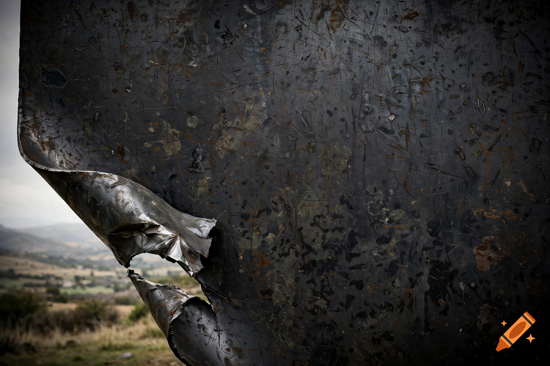 Close-up of dark, scratched metal sheet with bottom left corner peeled back, revealing a distant landscape.