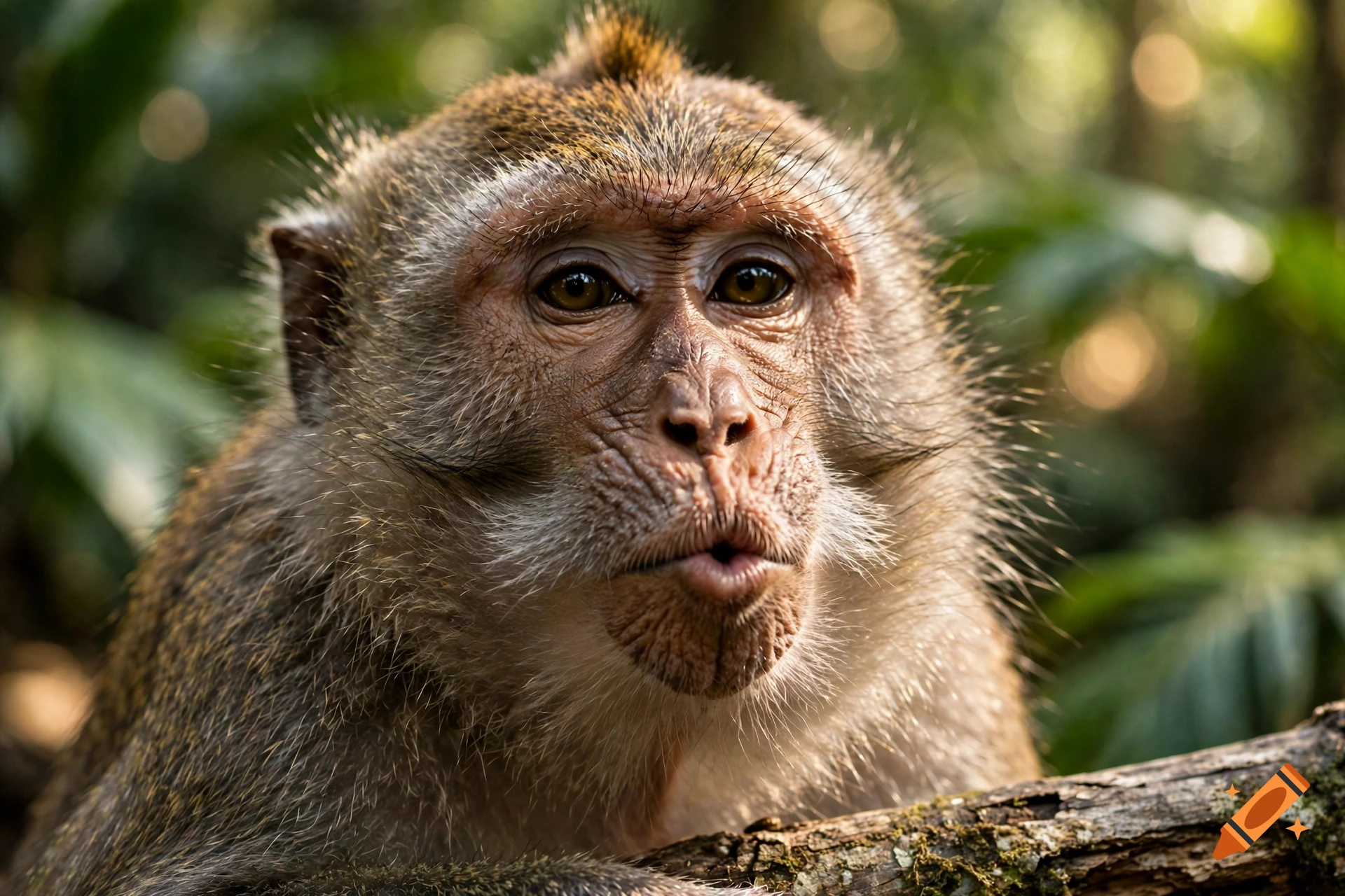 Close-up photorealistic shot of a macaque monkey with puckered lips looking at the camera in a forest.
