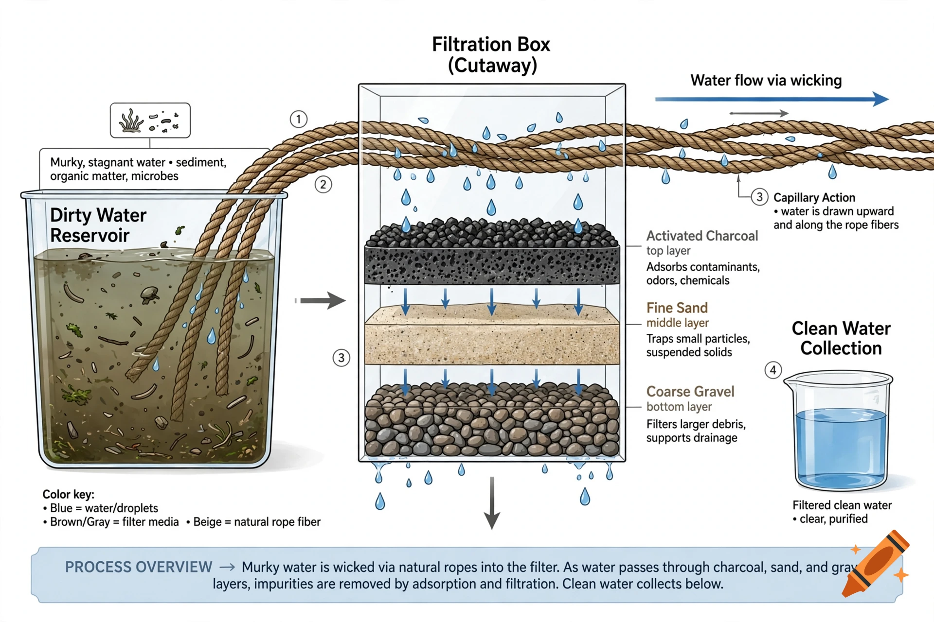 Educational science illustration of a water filtration system showing dirty water, ropes, a filtration box with layers, and clean water.