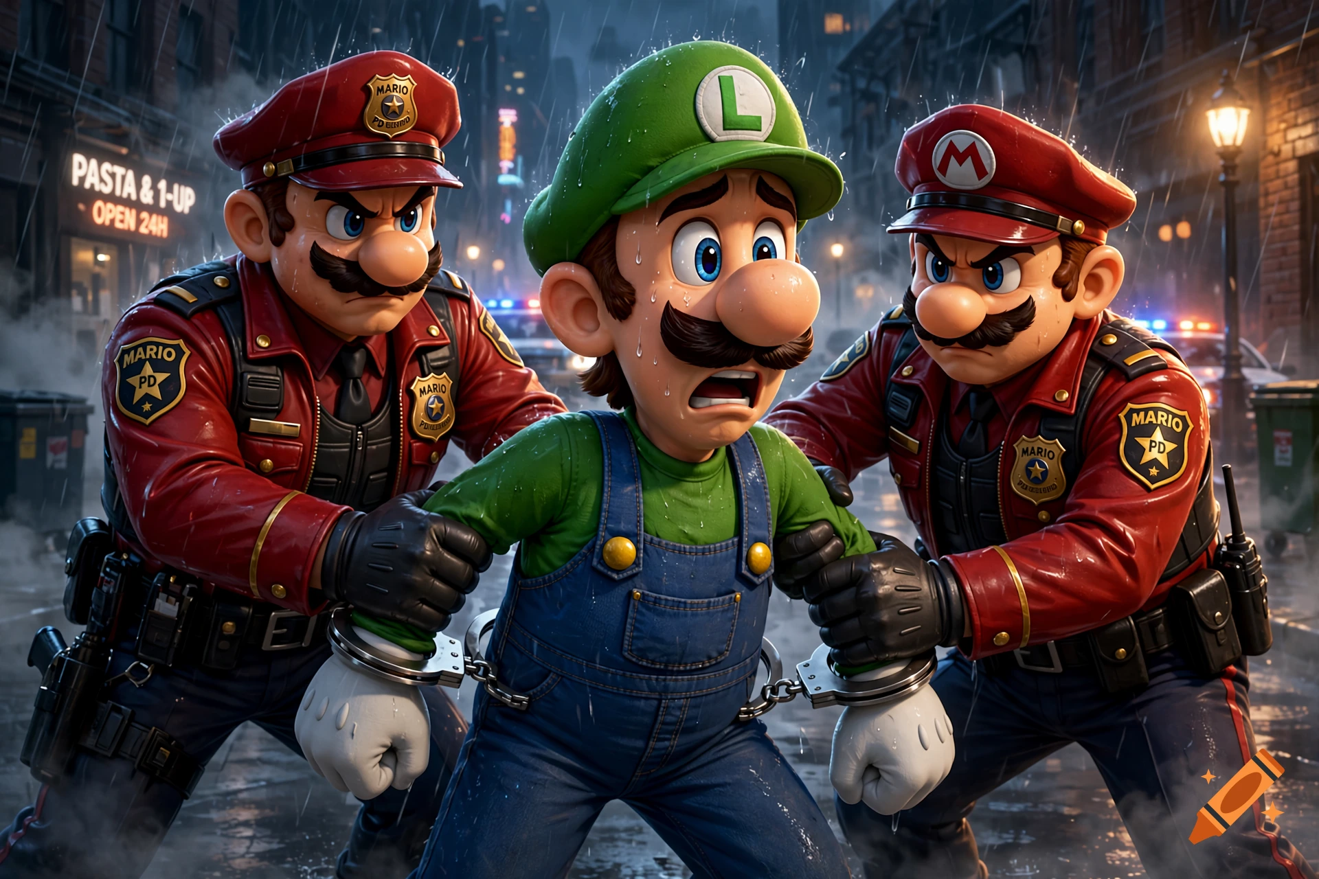 Digital illustration of two Mario officers in red uniforms handcuffing a distressed Luigi in the rain.