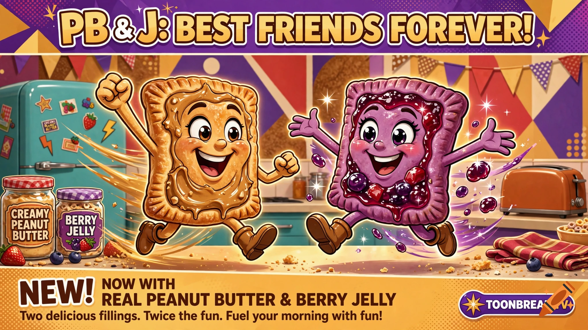 Colorful animated TV commercial style image of two anthropomorphic Pop-Tart characters, one peanut butter and one berry jelly, running happily in a kitchen.
