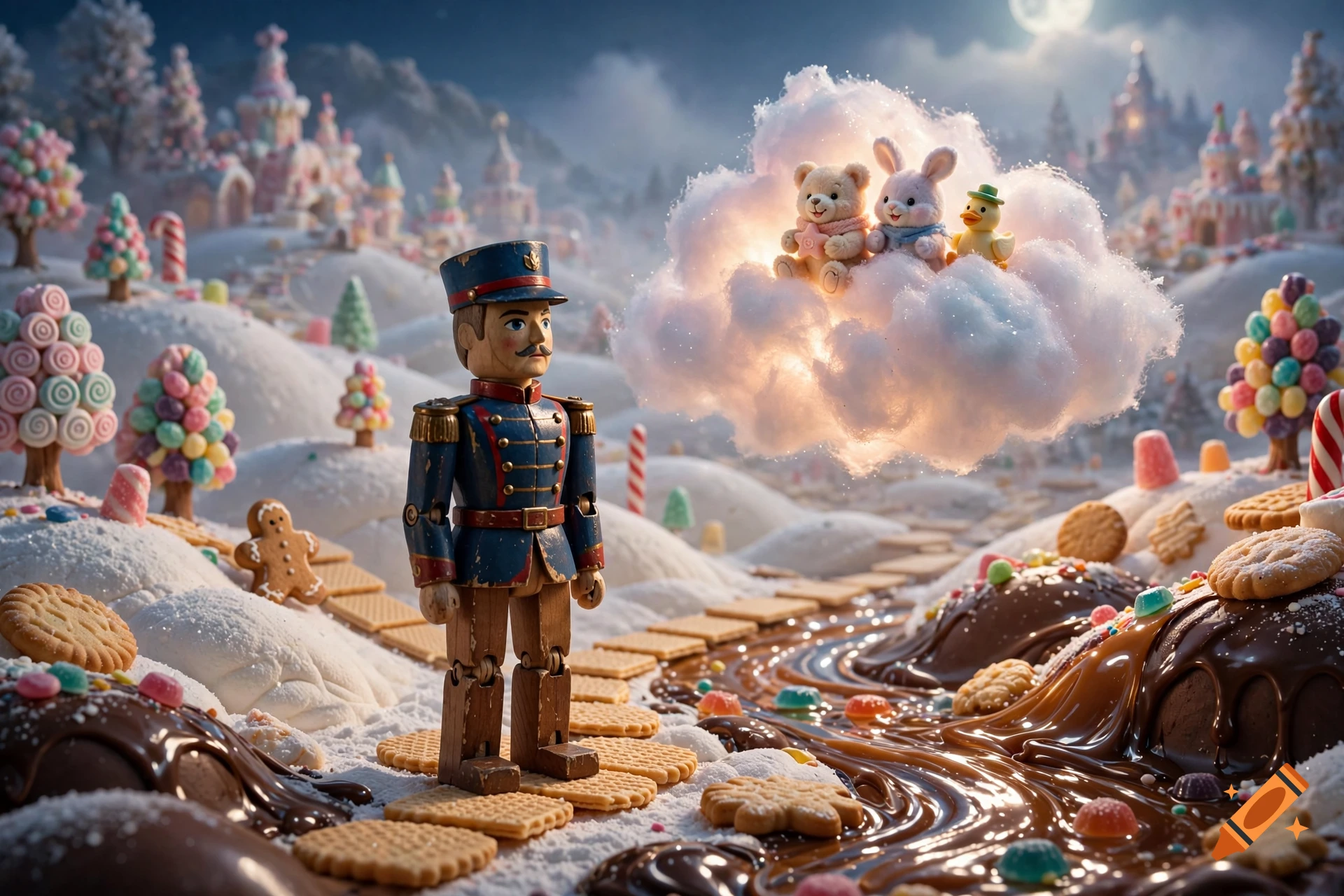 A wooden nutcracker toy stands in a whimsical winter wonderland made of cookies, chocolate rivers, and candy trees, with glowing stuffed animals on a cloud above.