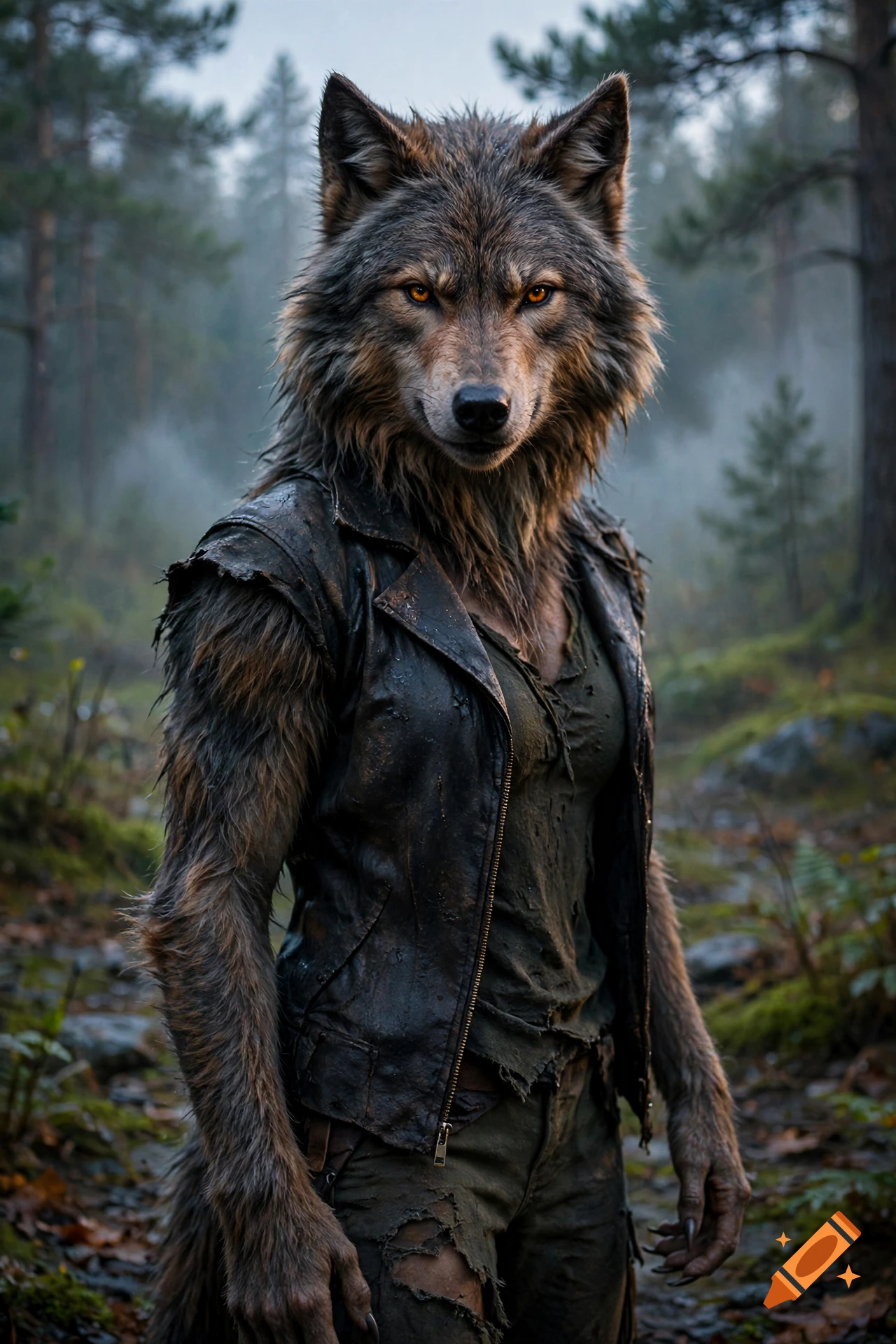 Photorealistic portrait of a female werewolf with amber eyes, wearing a dark leather jacket in a misty forest.