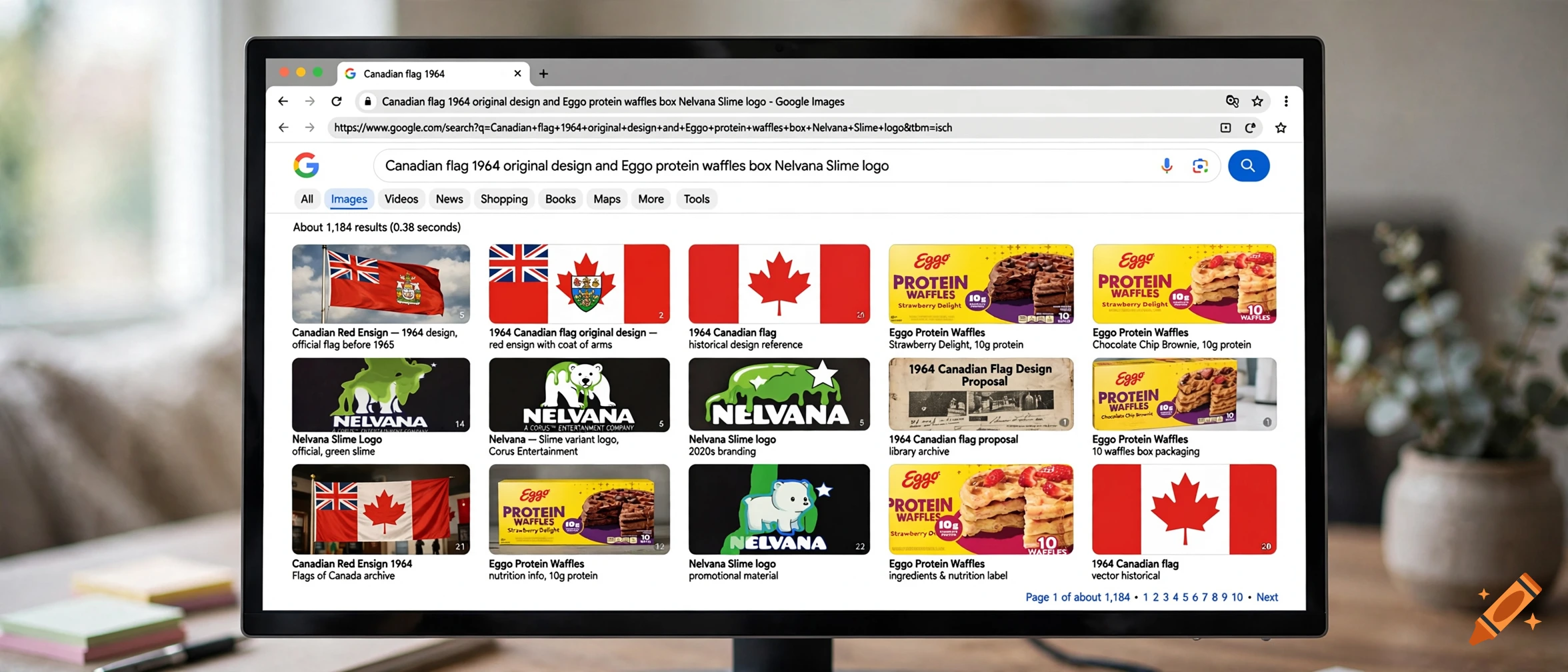 A computer monitor displaying a Google image search results page with Canadian flags and waffle boxes.