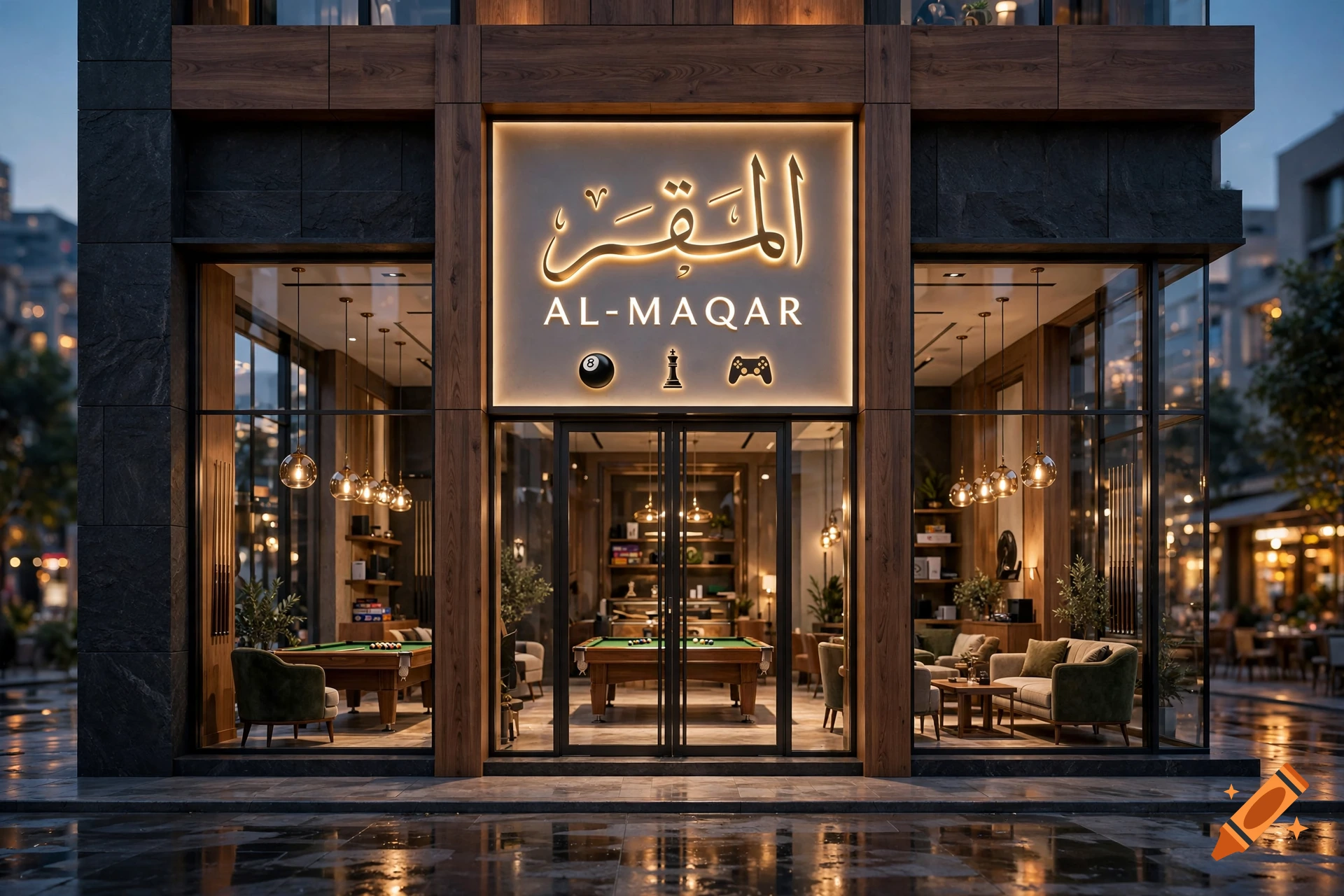 Photorealistic storefront of a modern luxury cafe named Al-Maqar with warm ambient lighting and visible interior gaming areas.