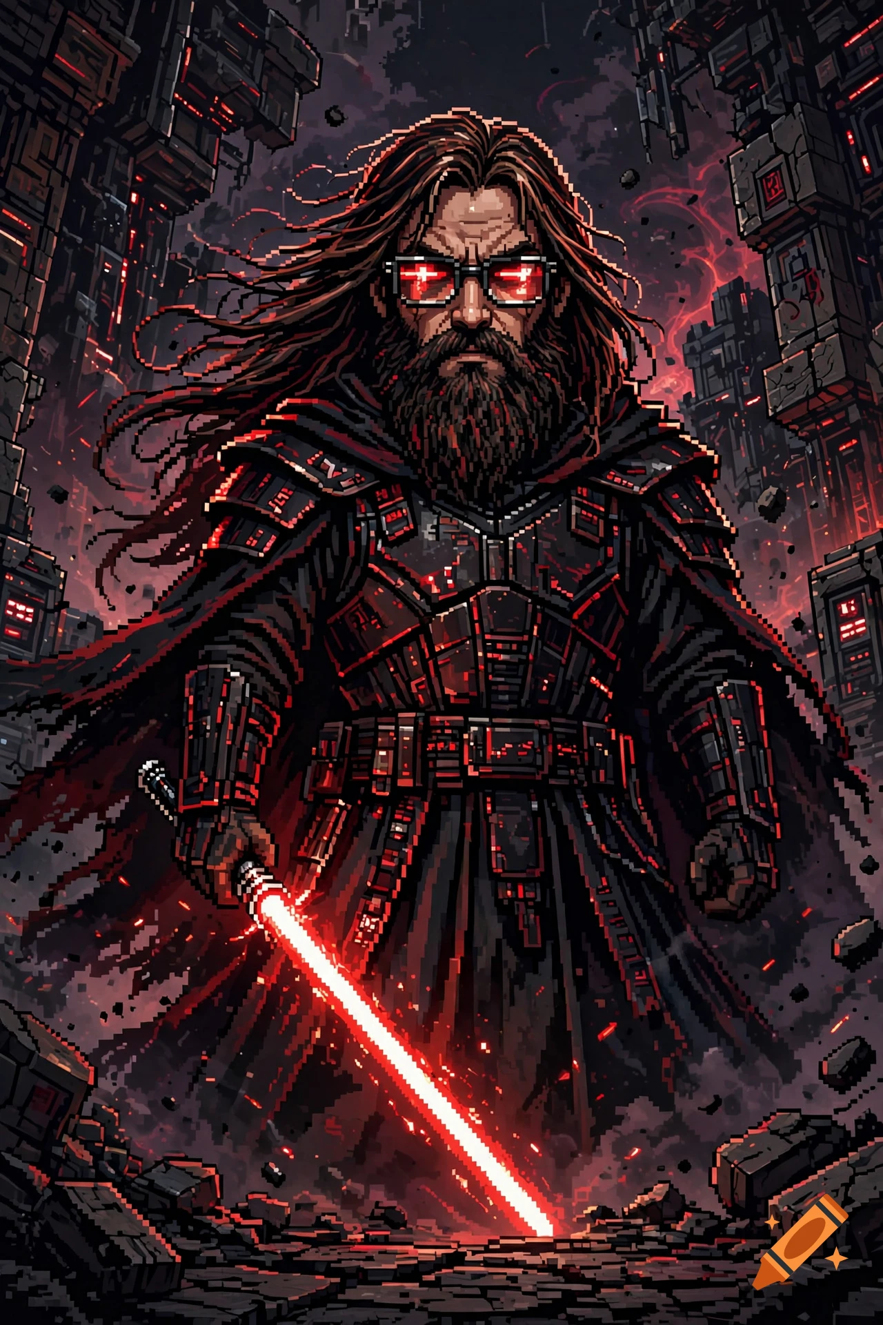 Pixel art style portrait of a bearded man with long hair, glasses, and glowing red eyes, wearing dark armor and holding a red lightsaber in a ruined setting.