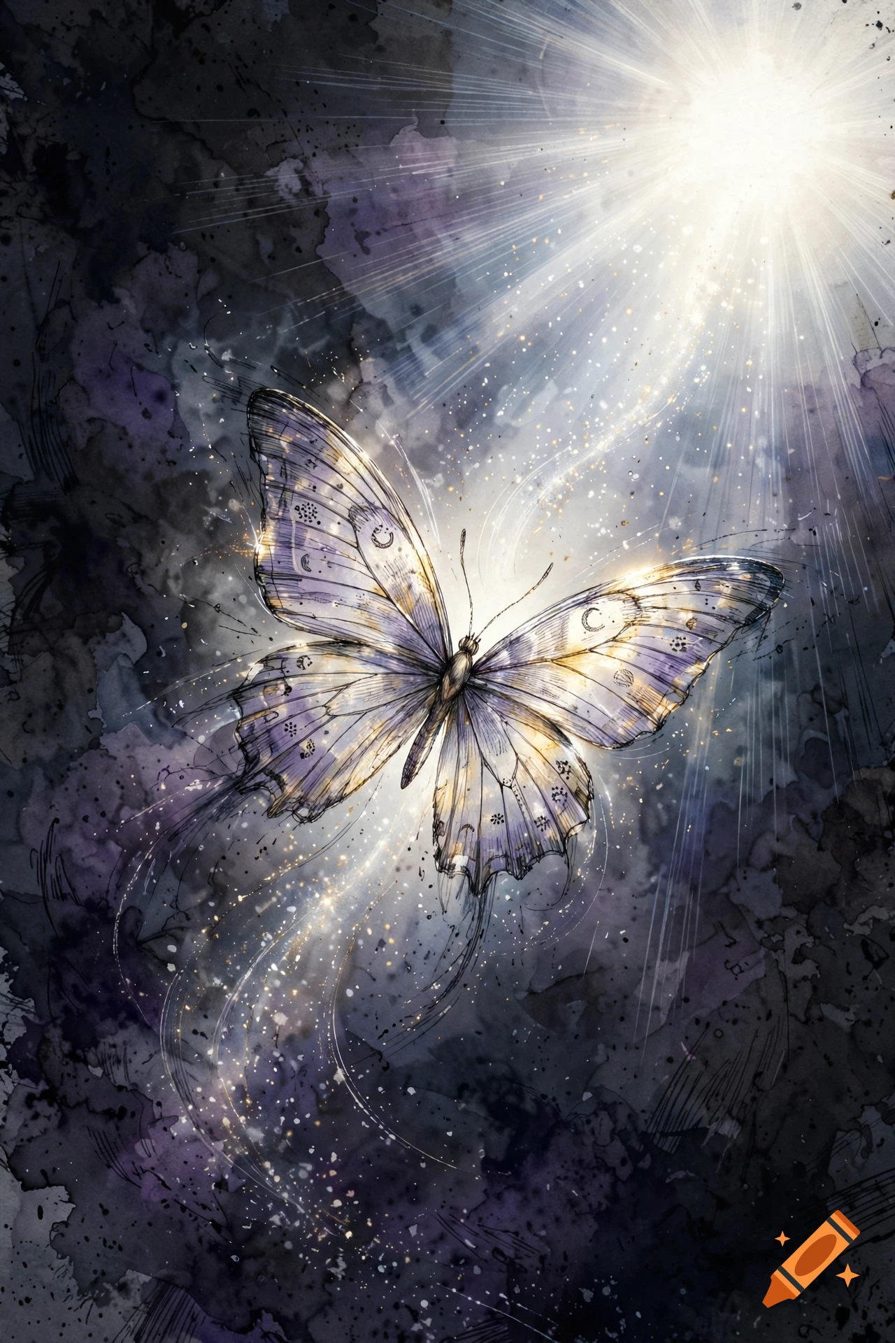 Hand-drawn style watercolor illustration of a butterfly flying towards a bright white light.