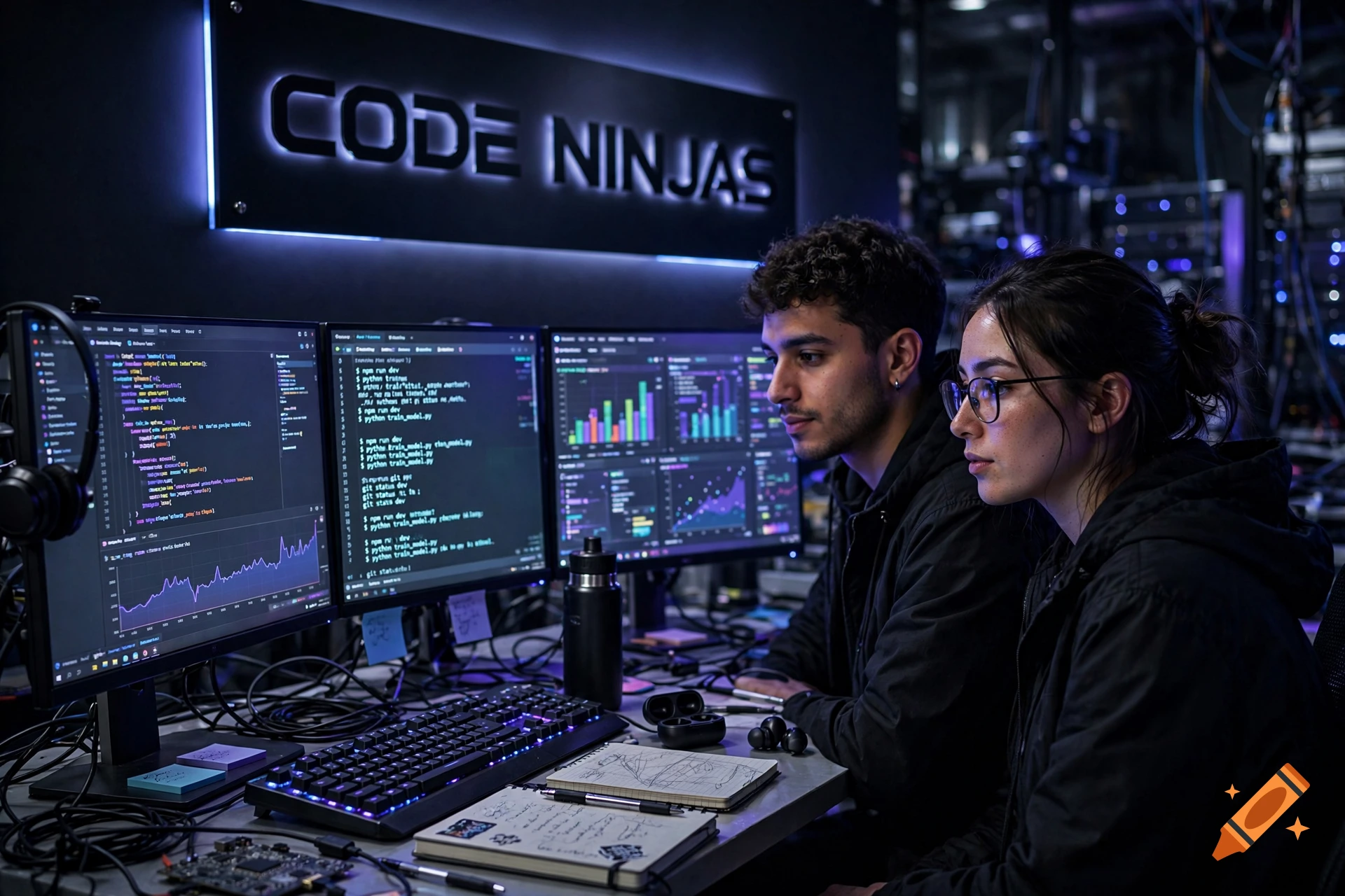 A young man and woman sitting in front of multiple computer monitors displaying code and graphs, with a Code Ninjas sign in the background, photorealistic.