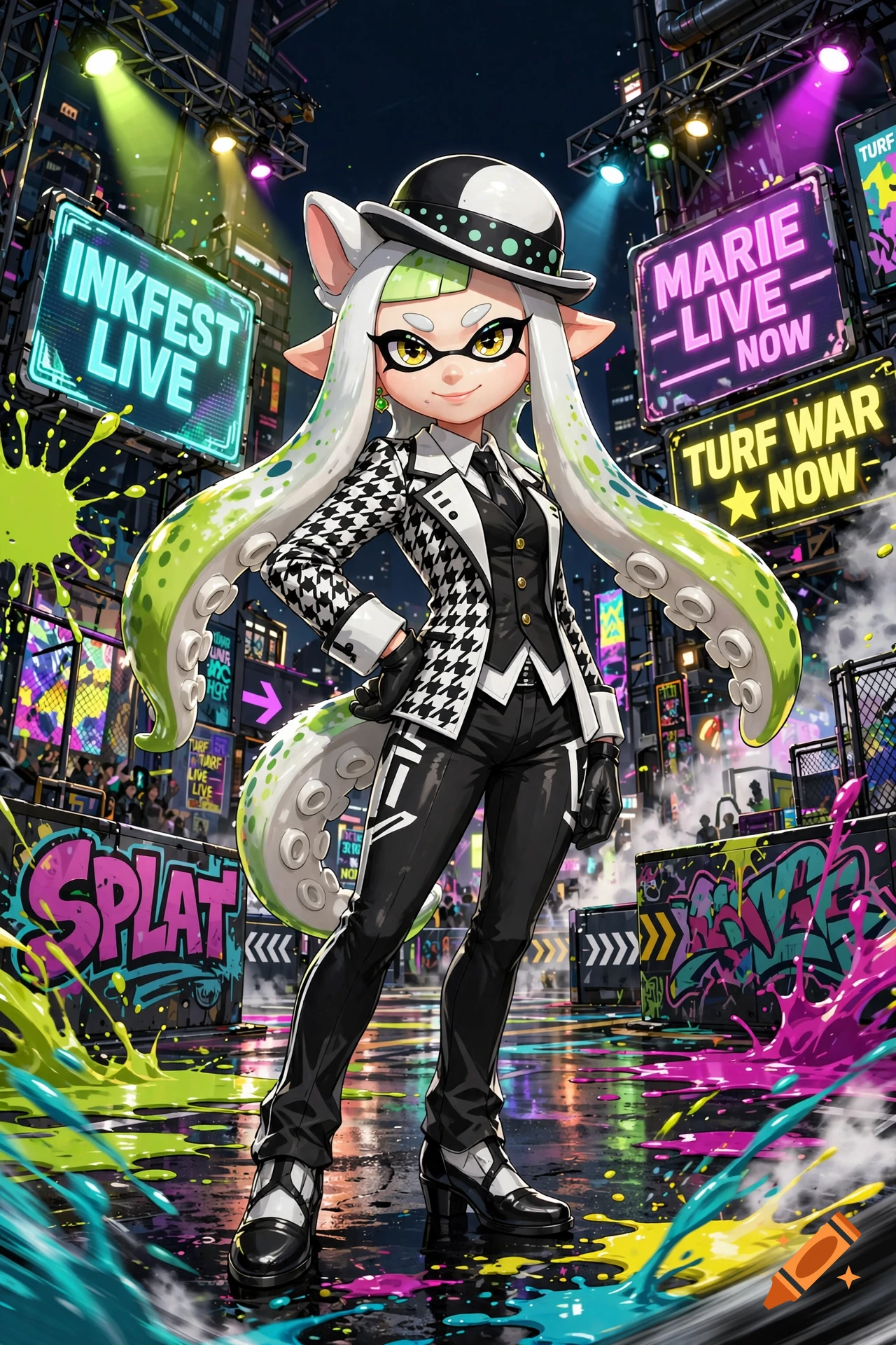 Full-body digital illustration of Marie from Splatoon wearing a black and white houndstooth suit and bowler hat in a neon-lit city street.