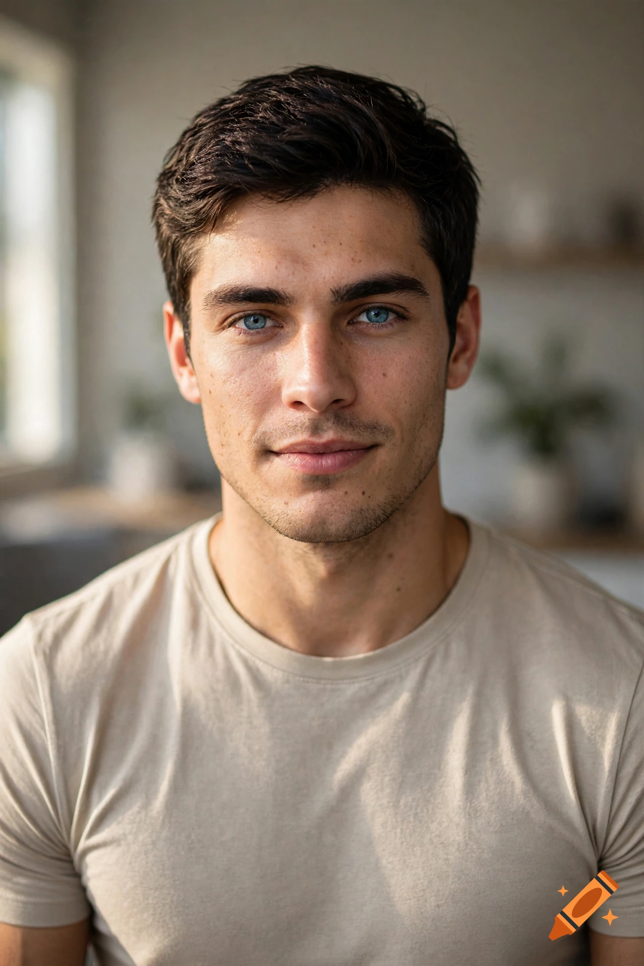 Close-up photorealistic portrait of a young man with dark hair, striking blue eyes, and a light beard, wearing a beige t-shirt indoors.