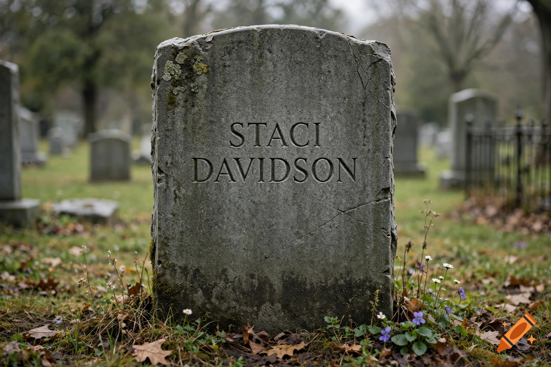 Close-up of a weathered stone tombstone in a cemetery with the text STACI DAVIDSON engraved on it, photorealistic.