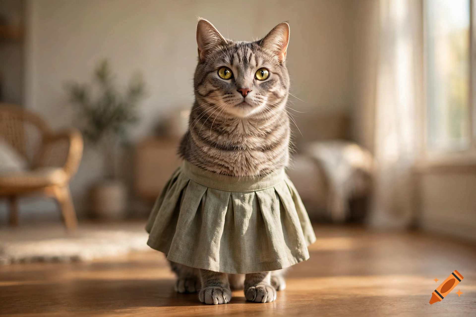 A photorealistic gray tabby cat sitting upright on a wooden floor, wearing a green linen skirt in a sunlit room.