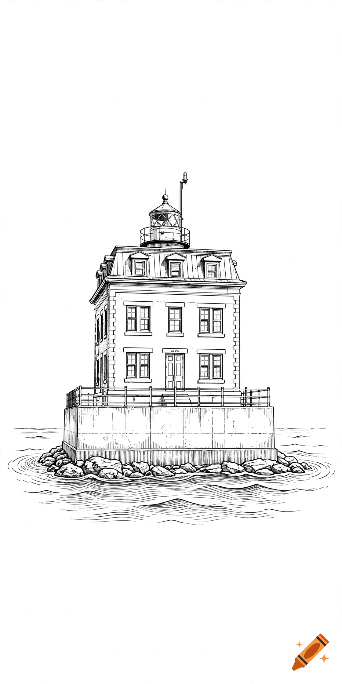 Black and white line art illustration of a lighthouse on a rocky foundation surrounded by soft waves.