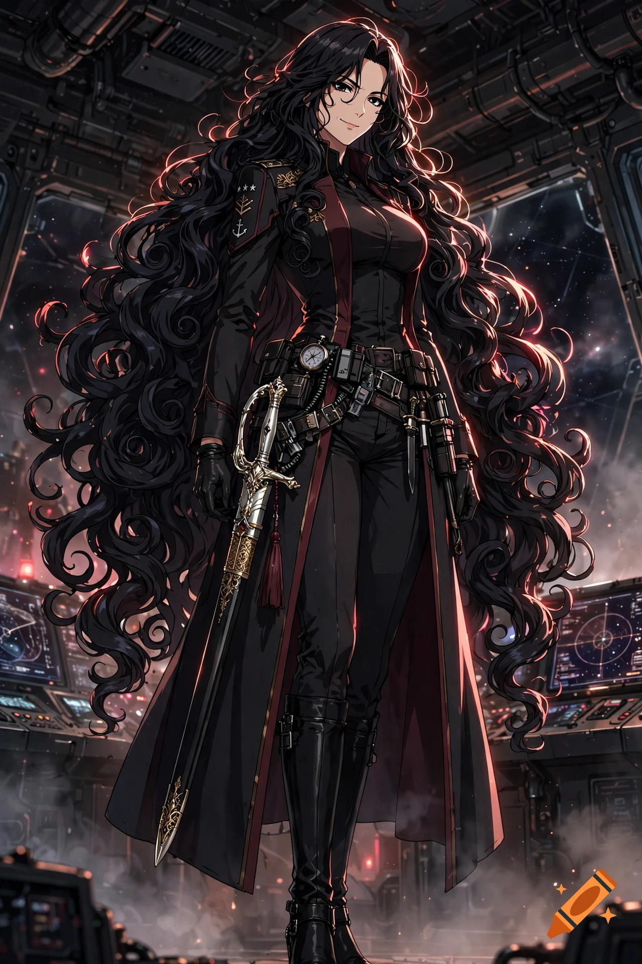 An anime-style female captain with voluminous black hair, wearing a dark coat and holding a sword, standing in a sci-fi spaceship bridge.