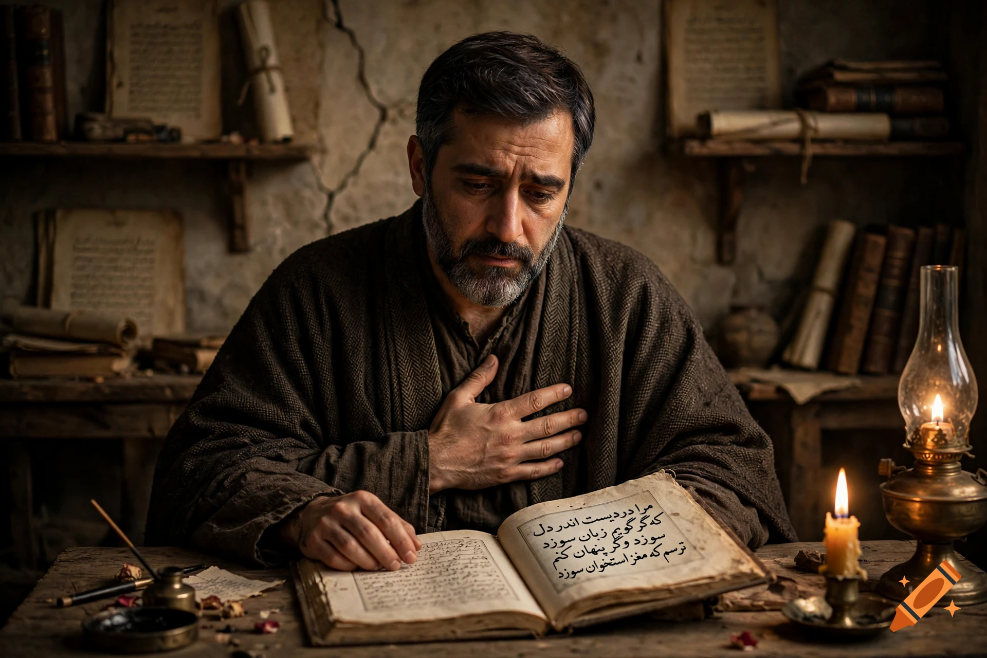 A photorealistic depiction of a distraught middle-eastern man in period clothing reading an open book by candlelight in a rustic study.