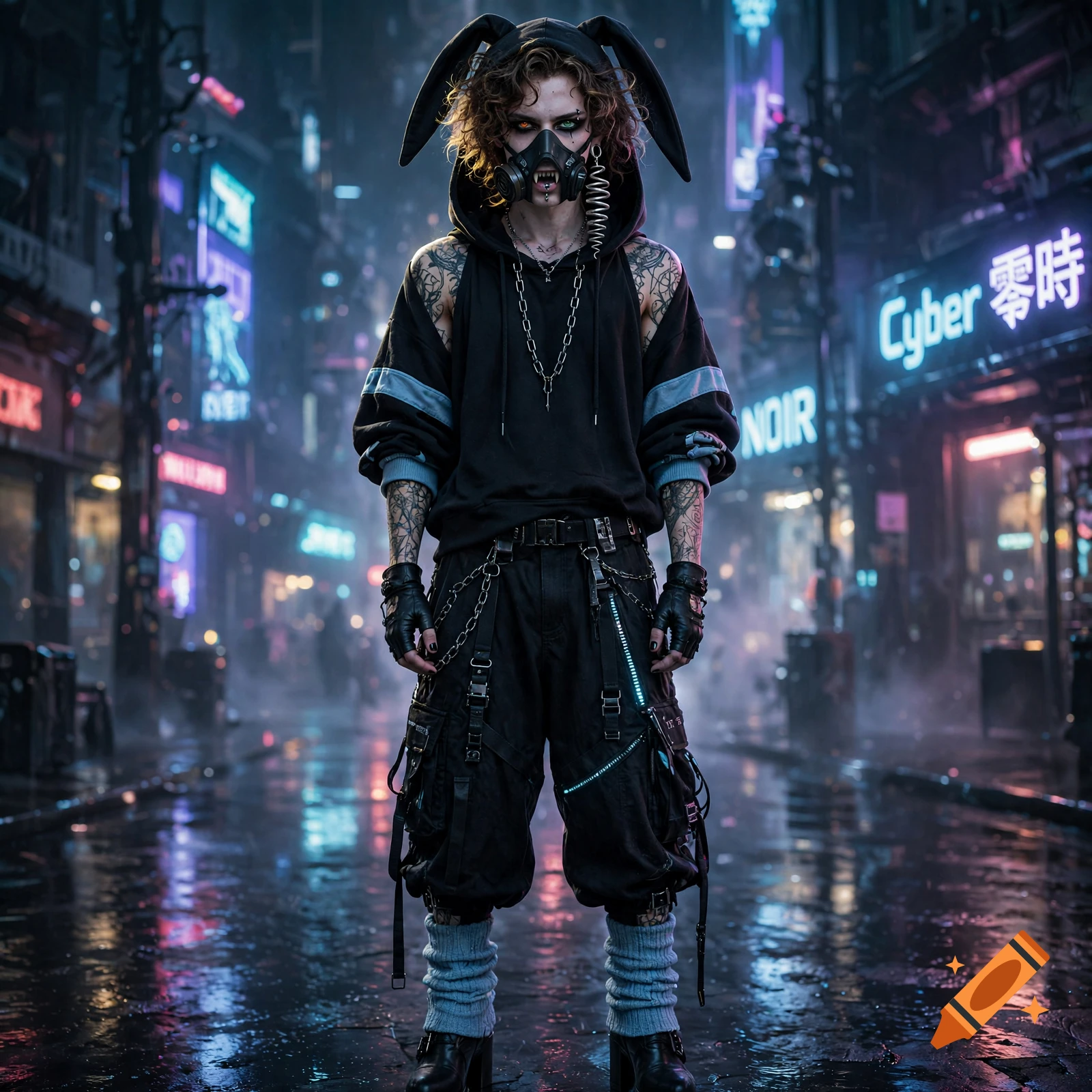 Photorealistic image of a cyberpunk vampire with rabbit ears on a wet city street at night, neon signs in background.
