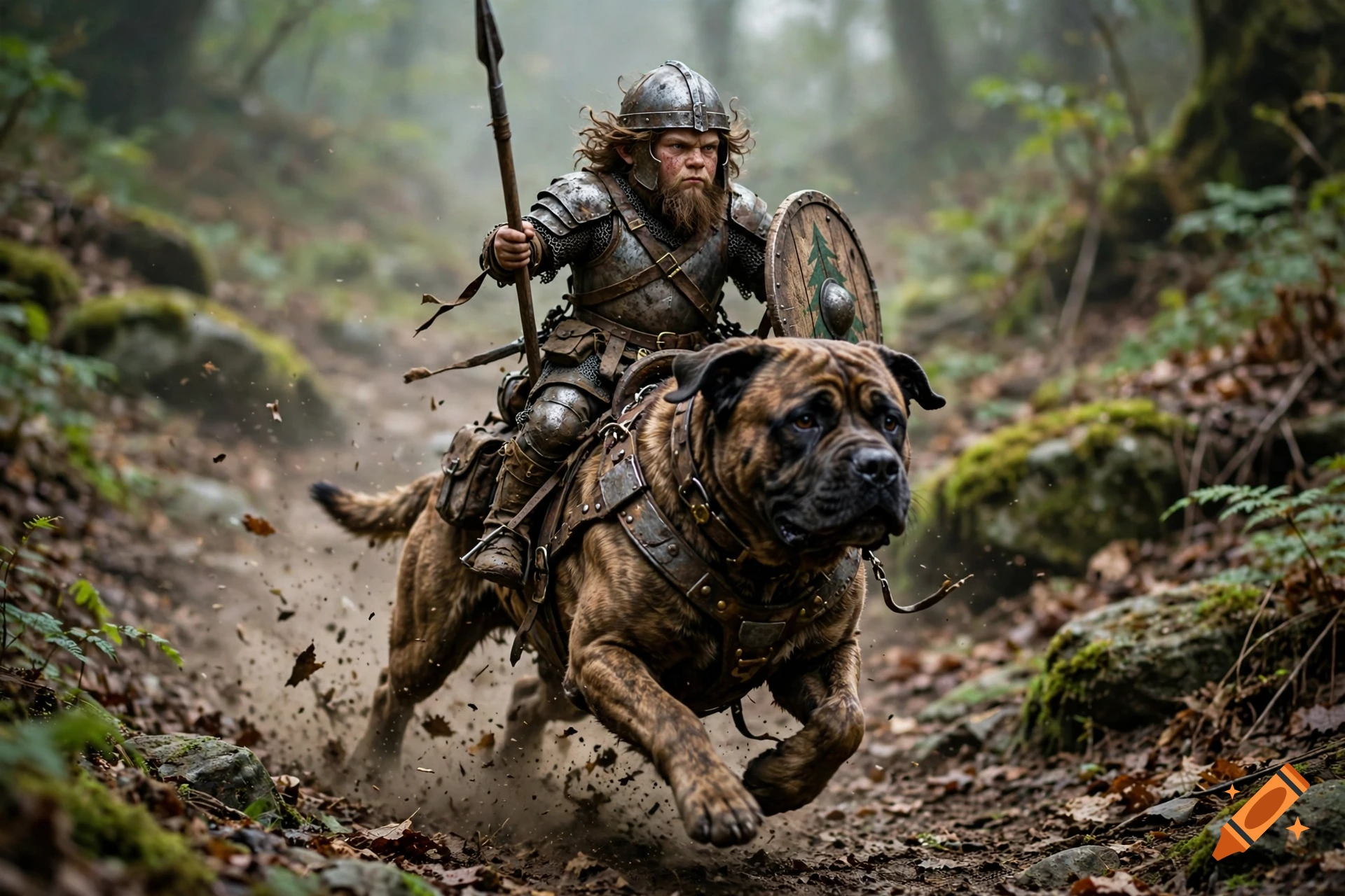 Photorealistic image of a heavily armored halfling warrior riding a large mastiff war dog through a misty forest.