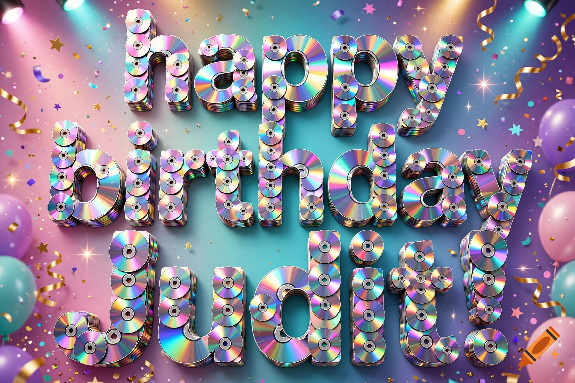 3D text reading 'happy birthday Judit!' made of stacked iridescent CDs on a colorful festive background with balloons and confetti.