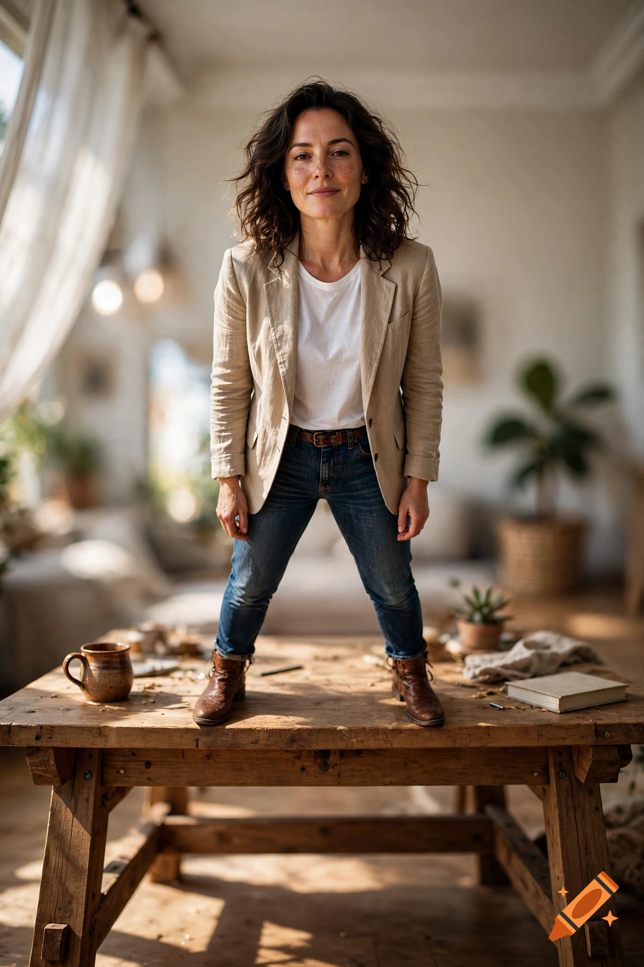 Photorealistic portrait of a woman with curly hair and freckles standing on a wooden table in a brightly lit room, looking down at the camera.