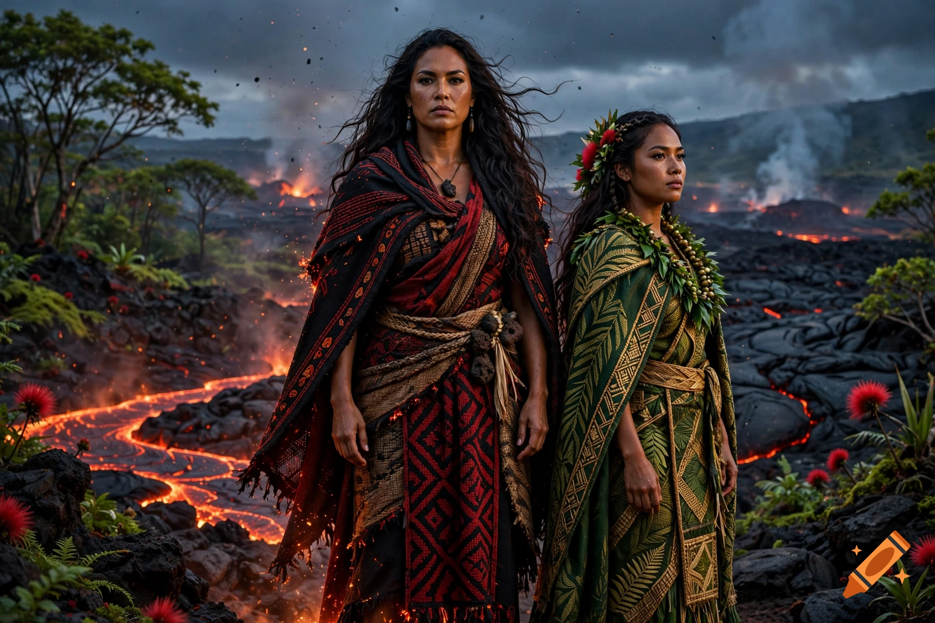 Photorealistic depiction of two Hawaiian goddesses, Pele and Hiiakaikapoliopele, standing in a volcanic landscape with glowing lava.