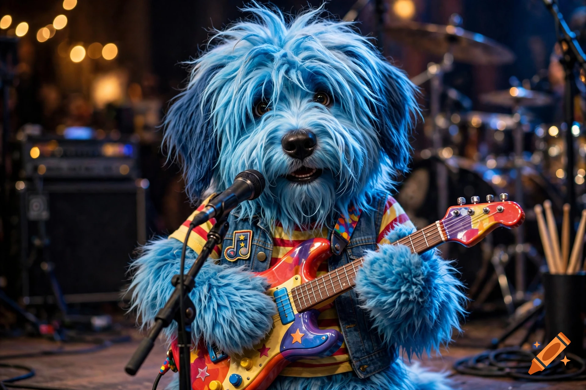 A fluffy blue dog puppet holding a colorful toy electric guitar in a music studio setting.