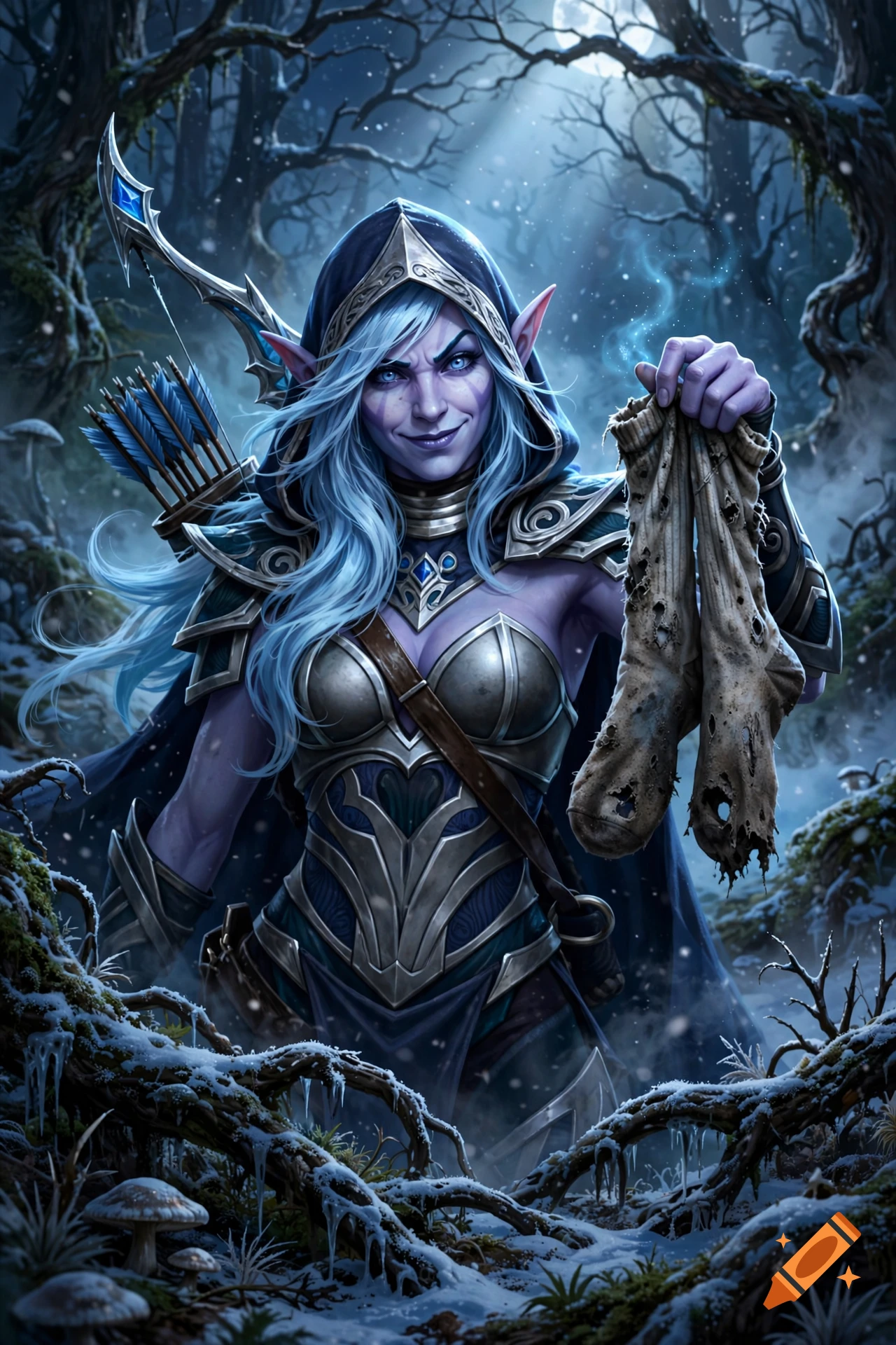 Digital painting of a drow elf archer with blue hair and glowing eyes in a snowy forest, holding a pair of worn socks.