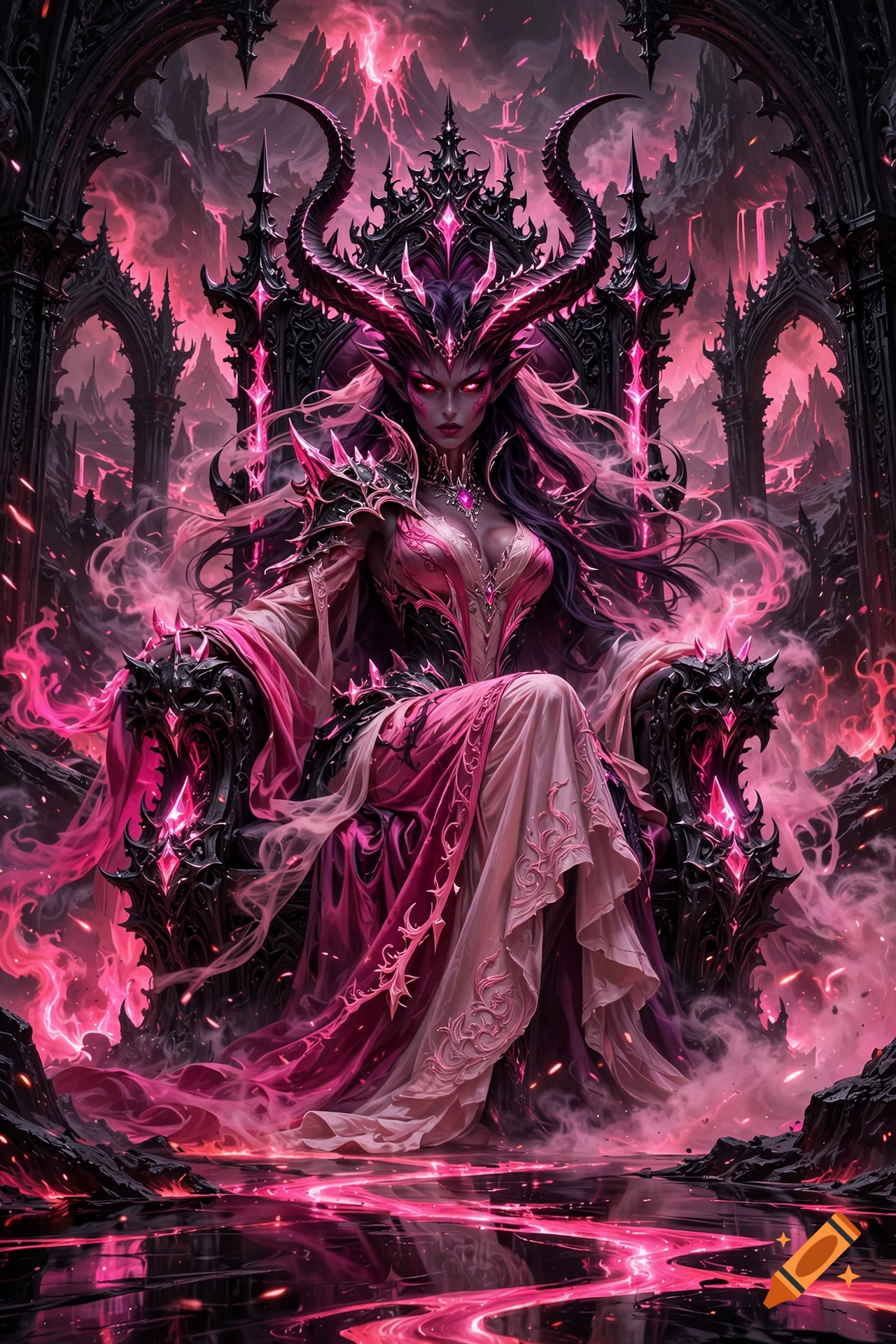 A female demon with horns sits on an elaborate throne in a hellish landscape filled with pink and red flames, digital art.