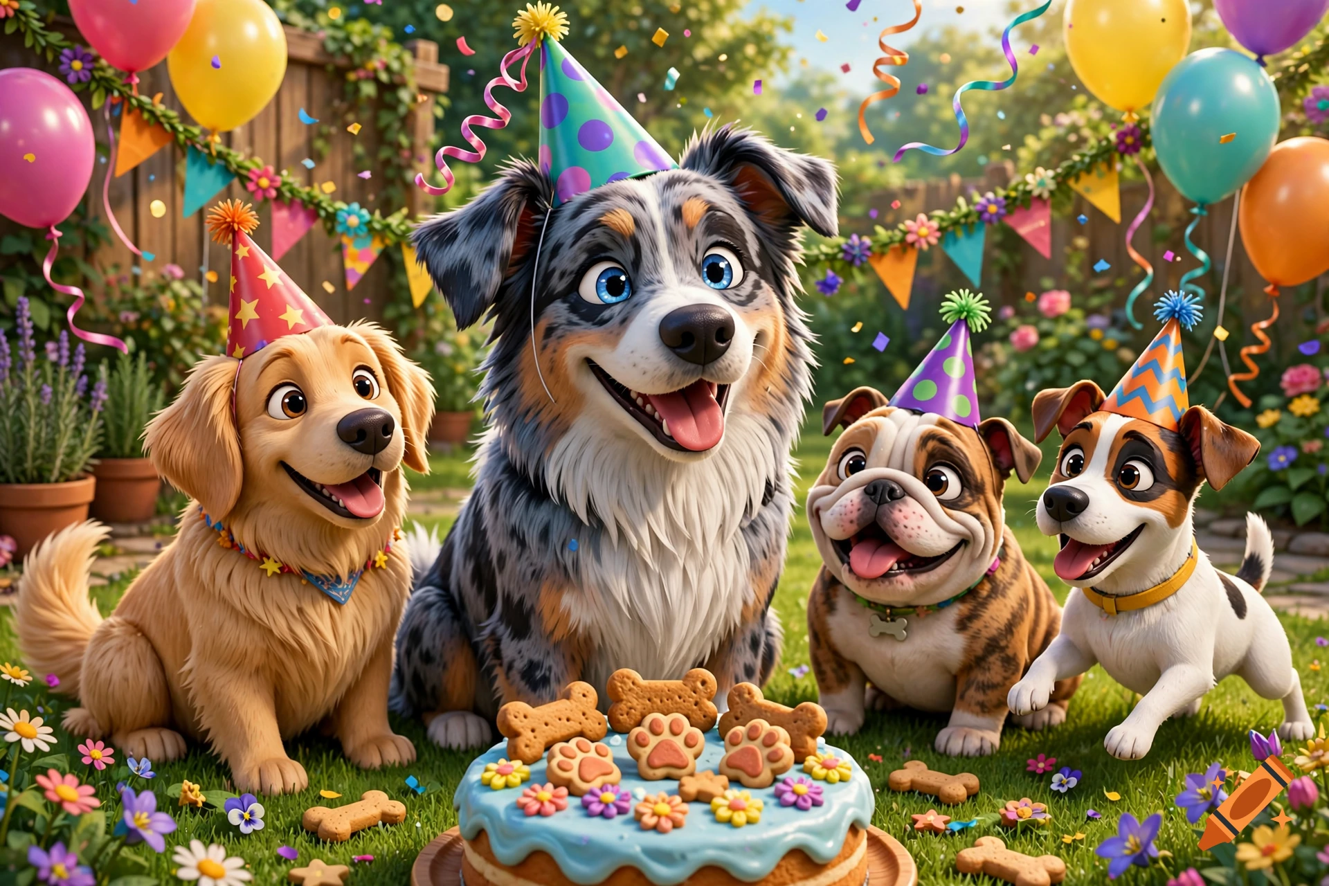 3D comic illustration of four happy dogs in party hats celebrating a birthday with a cake in a sunny garden.