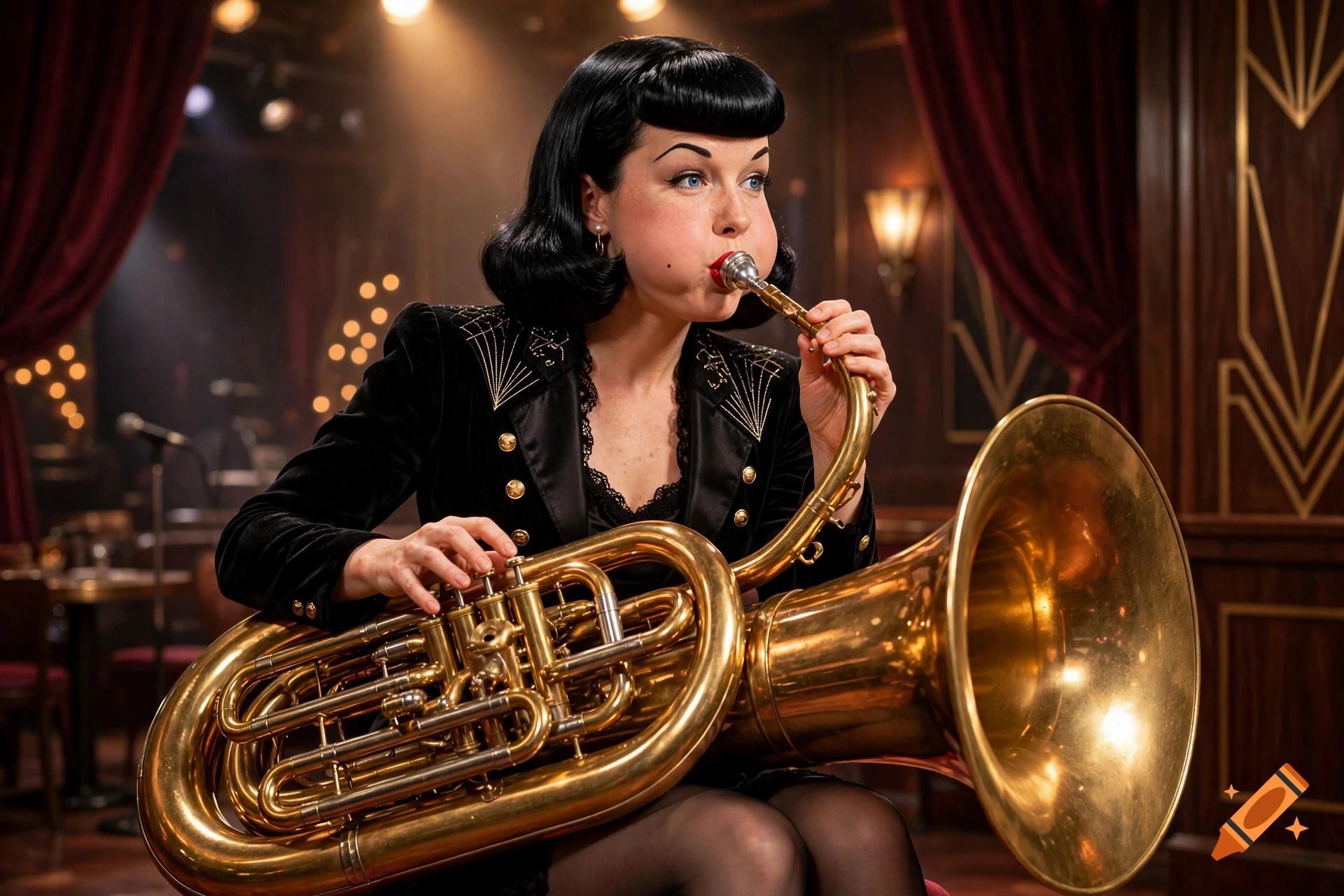 Photorealistic image of a woman with a black bob haircut puffing her cheeks while playing a large satin tuba in a vintage lounge.